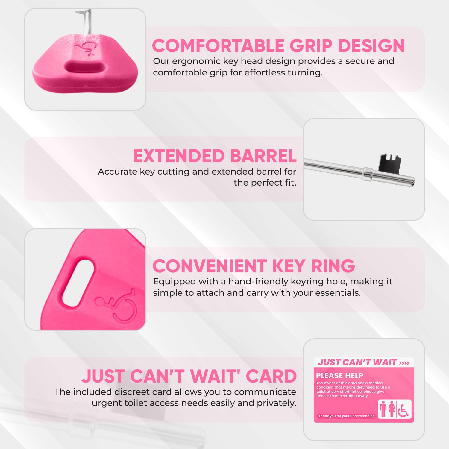 3PK Radar Key for Disabled Toilets UK - 4 Colours - Disabled Toilet Keys with 'Just Can't Wait' Card RubiGo (Pink) - Image 4