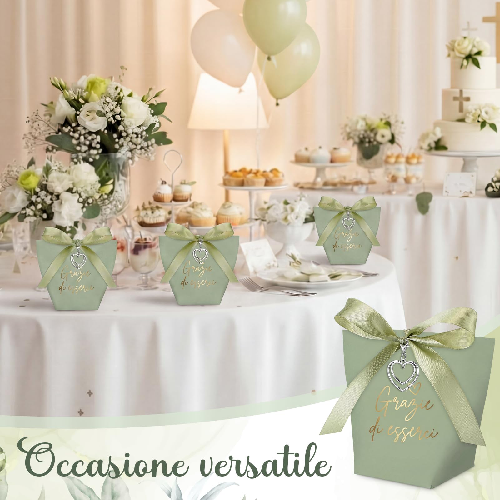 50 Set Scatoline Portaconfetti Matrimonio Bomboniere Comunione con Nastro Ciondolo Cuore Sacchetti Confetti Scatoline Regalo Battesimo Cresima Fidanzamento Nozze Compleanno Grazie(Verde Salvia)