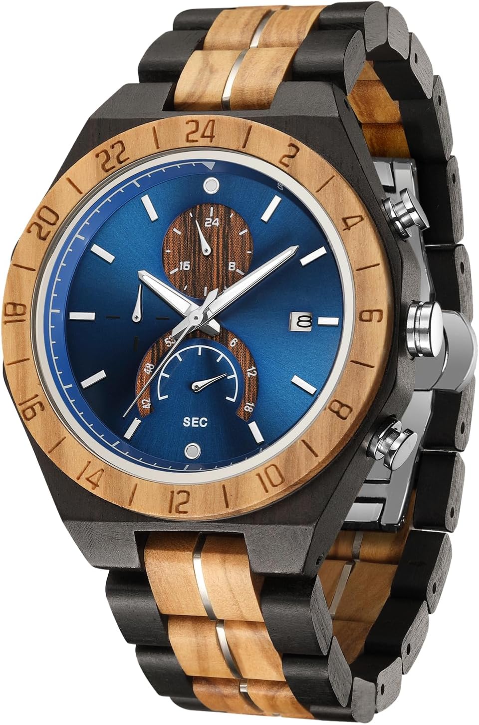 Men's Wooden Band Quartz Watch with Mineral Glass,Multifuctional Quartz Chronograph&Date Display Watch for Men Handmade Wood Wrist Watch Luminous Stylish Casual Lightweight Wood & Stainless Steel Male