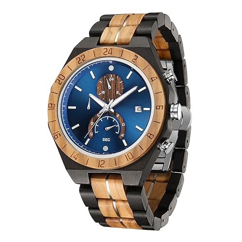 Men's Wooden Band Quartz Watch with Mineral Glass,Multifuctional Quartz Chronograph&Date