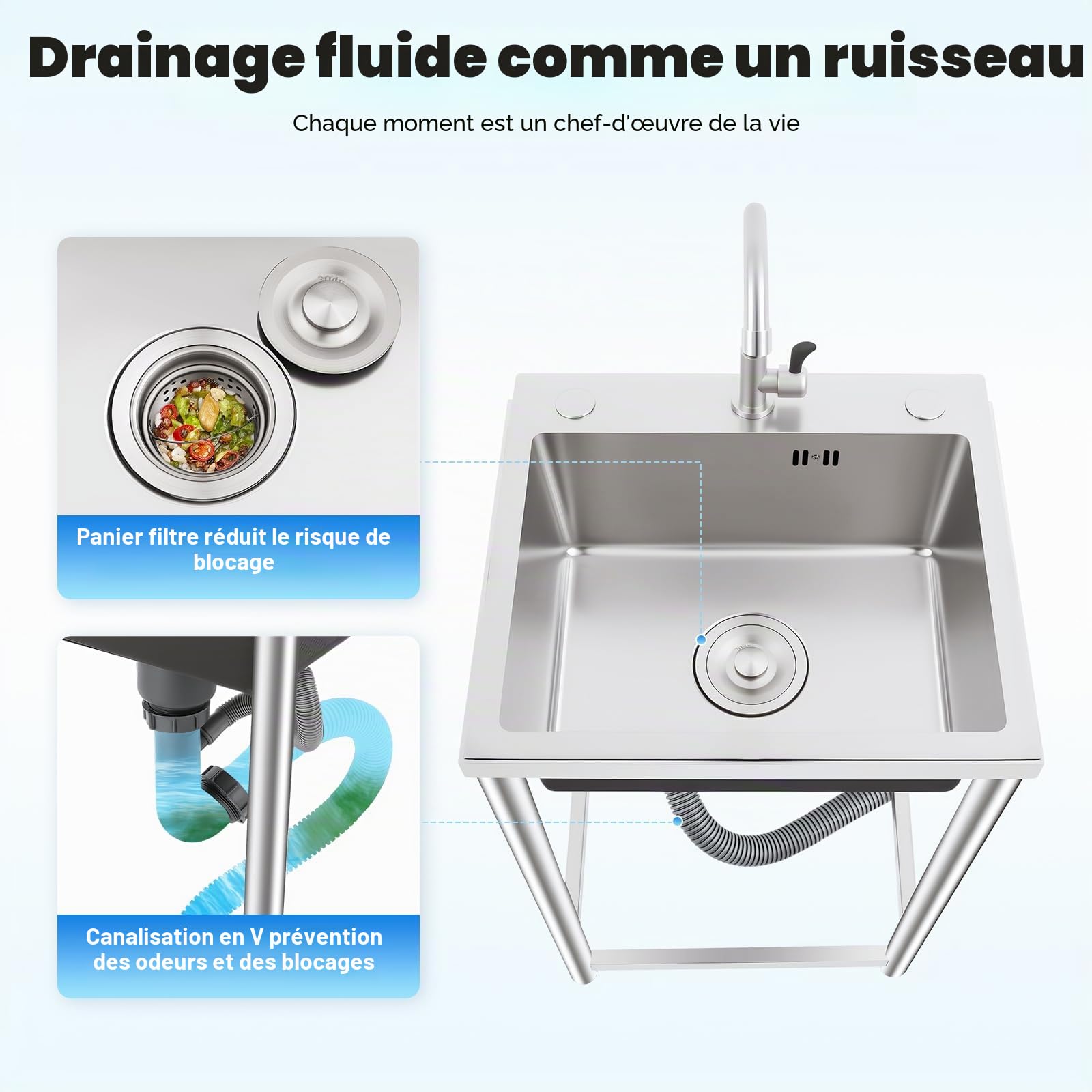 Évier de cuisine en acier inoxydable Évier autonome, évier de cuisine en acier inoxydable avec robinet 360° Évier commercial, évier extérieur avec 1 bac, 45 x 41 x 75 cm, capacité de charge