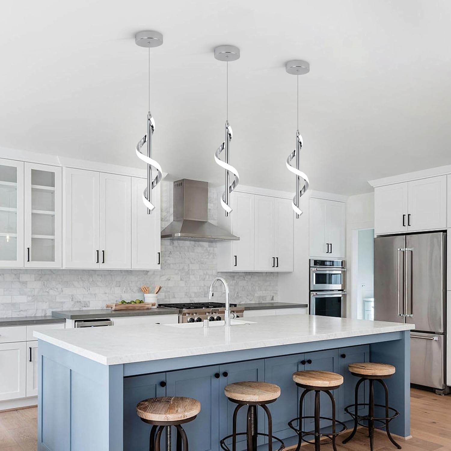 Modern Led Pendant Light Fixtures,6000K Cool White Spiral Led Pendant Lighting for Kitchen Island,Adjustable Height Hanging Light Fixtures for Kitchen Dining Room Living Room,1 Pack