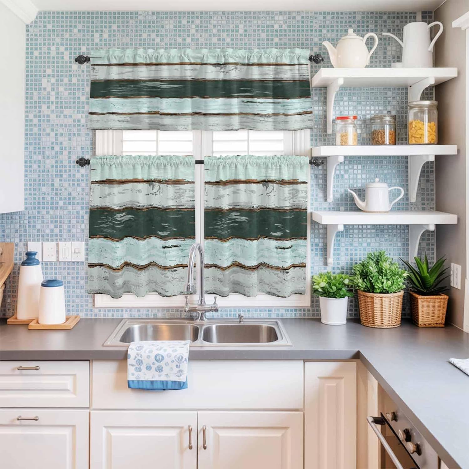 Retro Turquoise Wood Texture Curtains Tiers Valance Window Kitchen Abstract Modern Rod Pocket Light Filtering Treatment Curtain Short Valance Curtain Bathroom Cafe Decor Drapes, (54"x24", 3 Panels)