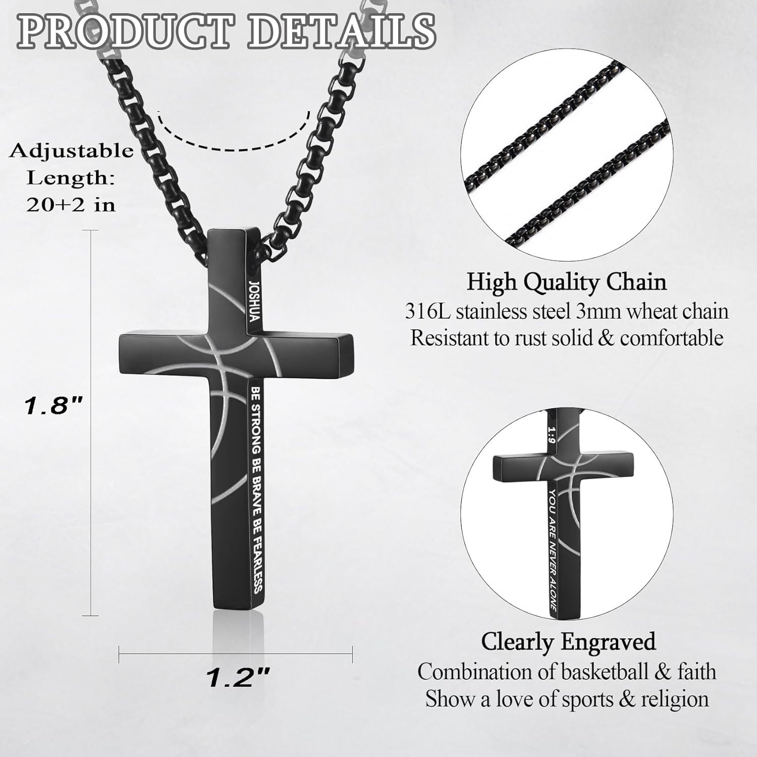 EPIRORA Soccer Baseball Basketball Football Gifts for Boys Men- 20" + 2" Inches Stainless Steel Bible Verse Cross Pendant Necklace, Inspirational Religious Jewelry Gifts for Teen Boy - Image 3