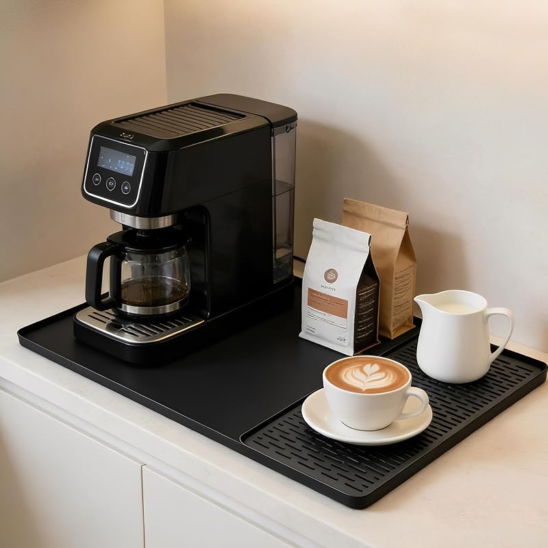 Tappetino per Macchina da Caffè in Silicone 40x60cm, Tappetino Macchina Caffe 2-In-1, Tappetino Lavello Cucina con Bordo Rialzato e Vassoio Separabile, per macchine da caffè Coffee, Scolapiatti, Nero