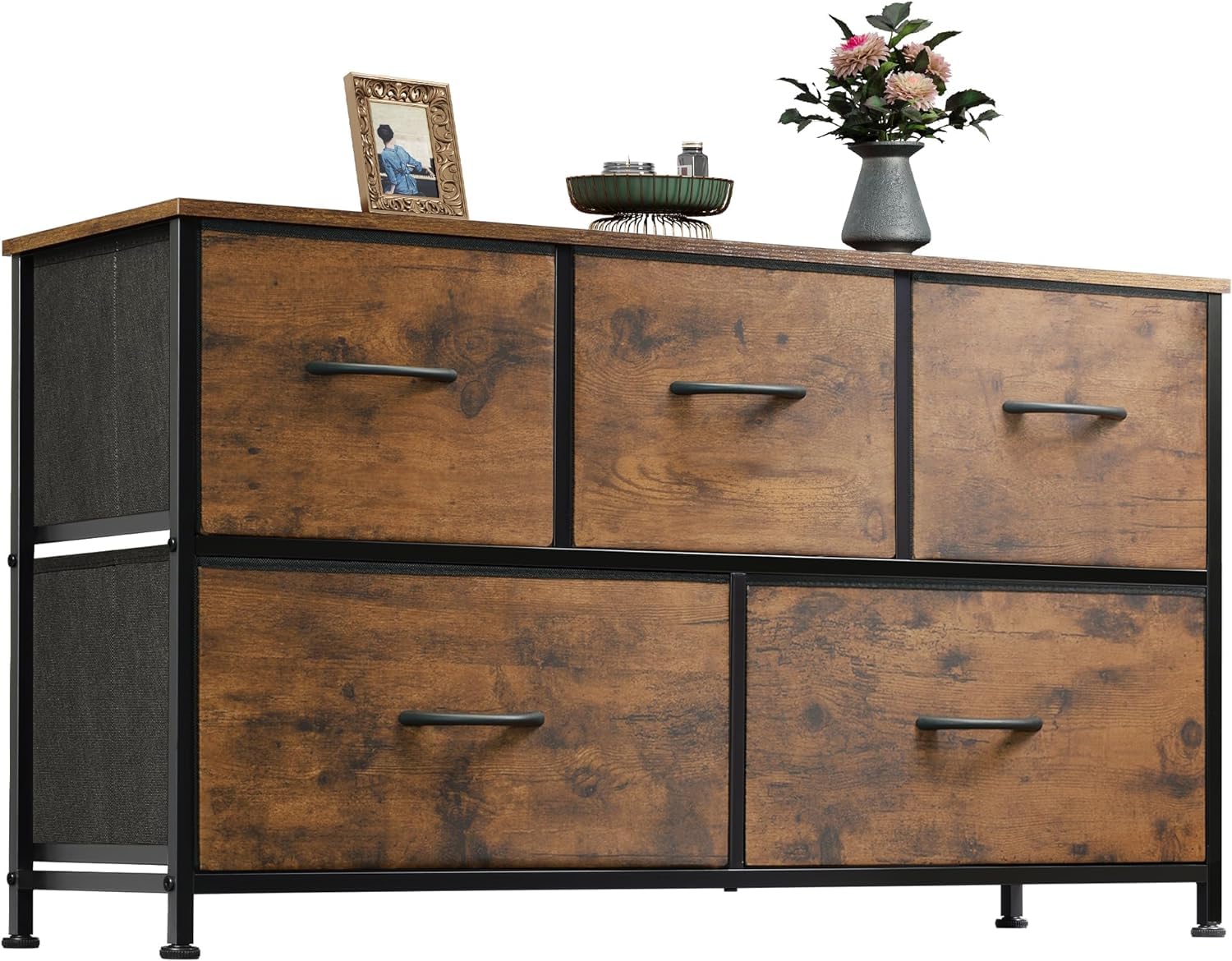 WLIVE Chest of Drawers, 5 Fabric Drawers Cabinet with Easy Pull Handle, Wood Top and Sturdy Steel Frame TV Stand for Bedroom, Living Room, Kids Room, Rustic Brown