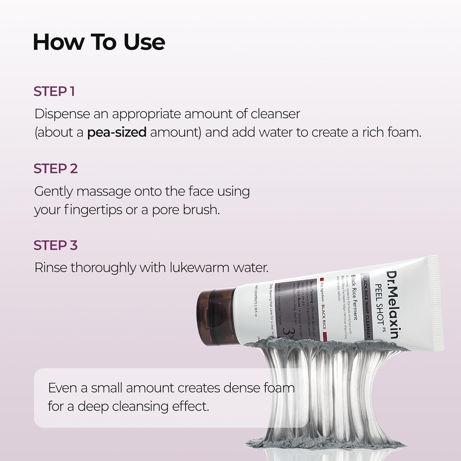 Dr.Melaxin Peel Shot Black Rice Mochi Whip Cleanser 100ml formulated for blackheads, clogged pores, excess sebum, and dull skin - Image 7