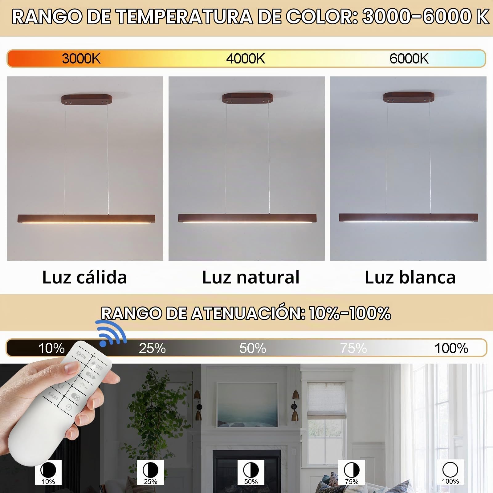 LED Lampara Colgante Techo Para Cocina De Madera,100Cm Nogal Lampara Techo Con Control Remoto,Altura Ajustable,30W Moderno Decoracion Lamparas Para Casa Comedor Dormitorio Salon