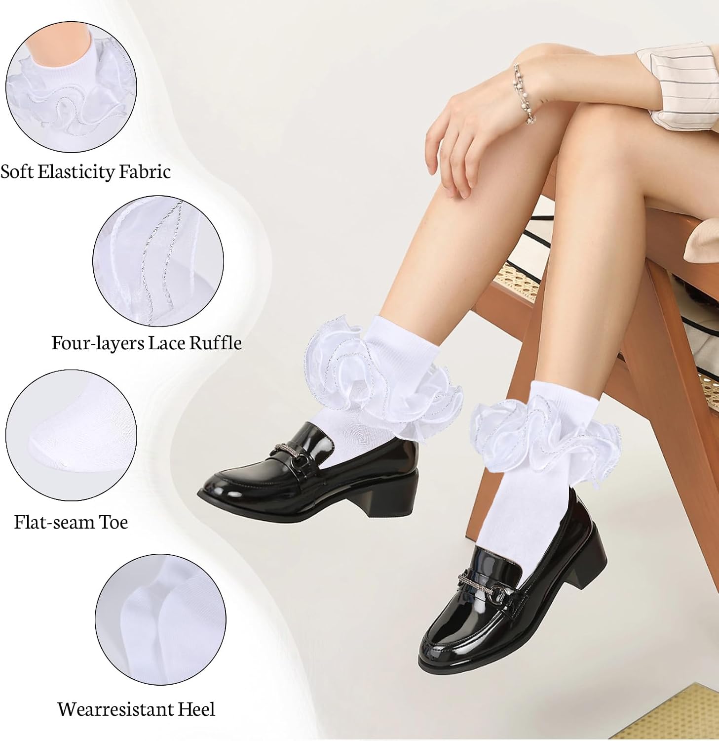 Women White Ruffle Socks Turn Cuff, Double Lace Ankle Socks Cotton Lace Frilly for Ladies(Size 6-11, 3 Pairs)