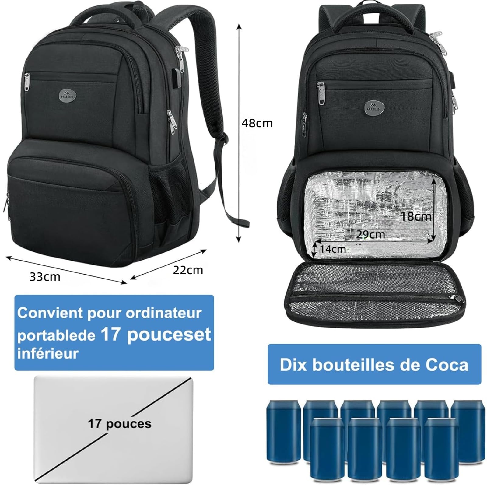 MATEIN Sac à Dos Ordinateur 17 Pouces Isotherme Repas TSA Voyage Noir