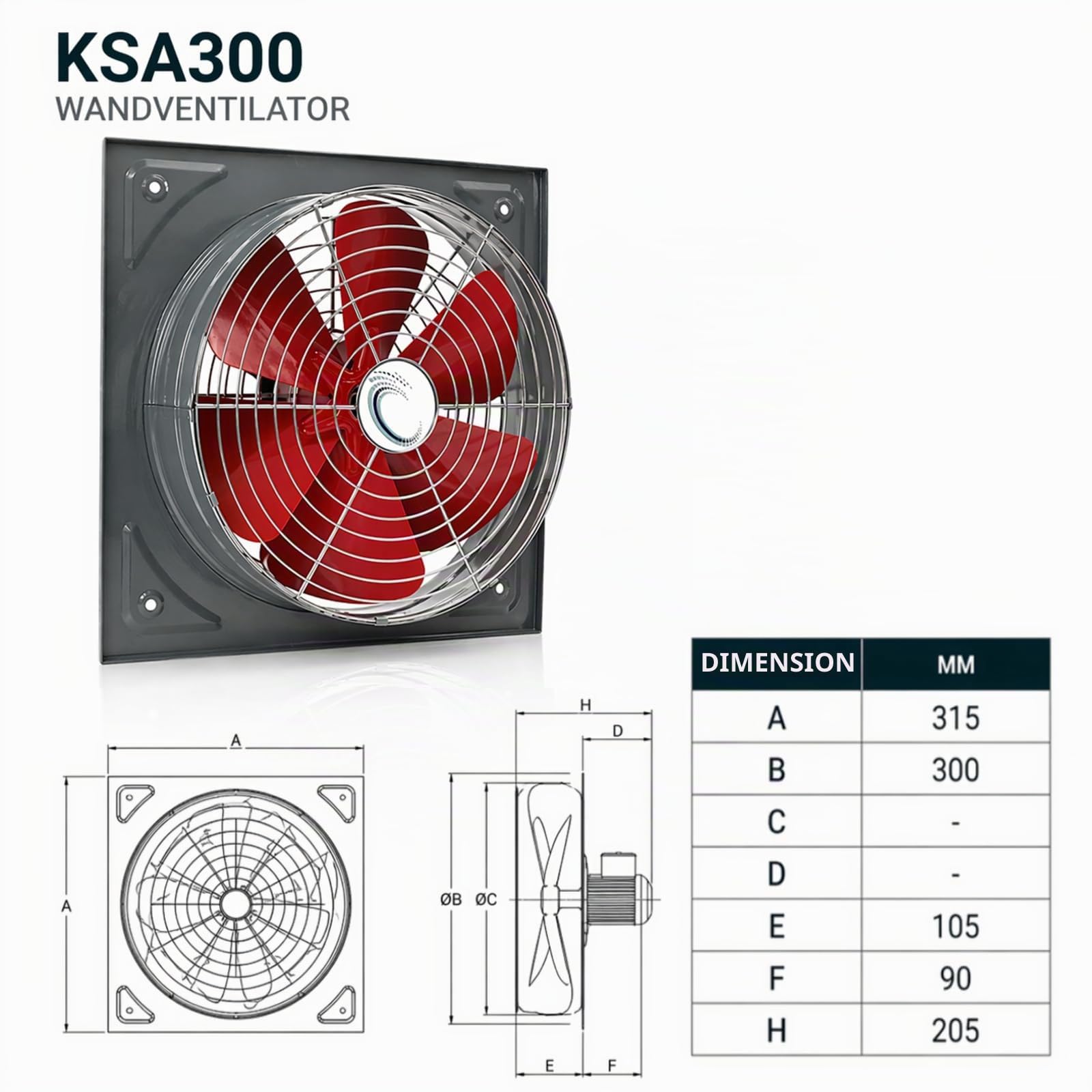 Uzman Ventilateur mural industriel - Axial haute performance - 300 mm à 600 mm - Aspiration d'air - IP44 - 1400 tr/min - 130 W à 560 W - 2200 m³/h à 8500 m³/h - 53 dB(A) à 66 dB(A) - Bleu/Rouge
