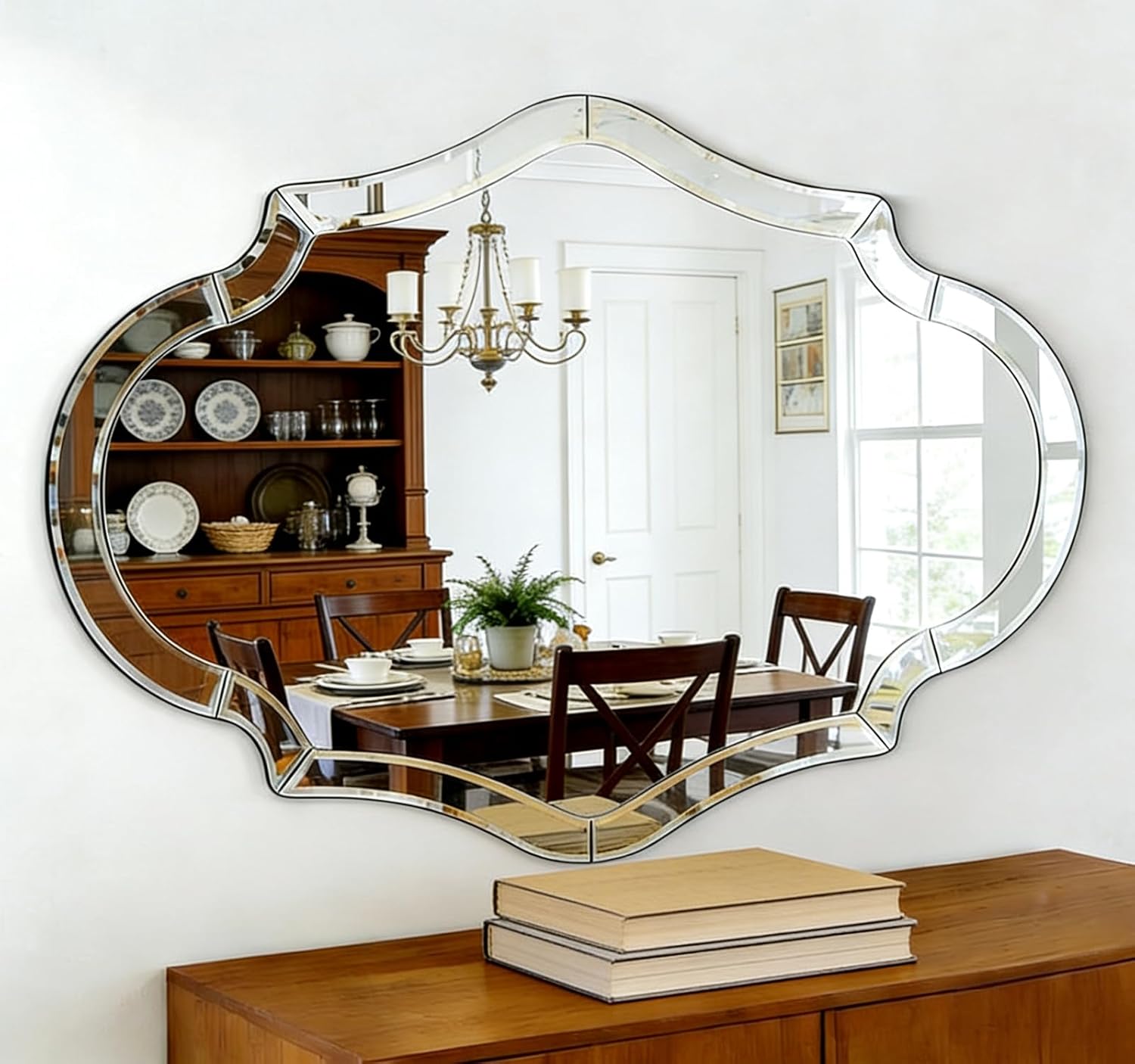 Large Decorative Mirrors, 40"x28" Scalloped Wall Mirror with Elegant Beveled Edges and Mirrored Frame, Irregular Mirror for Dining Room Living Room Bathroom Entryway, Hang Horizontally or Vertically