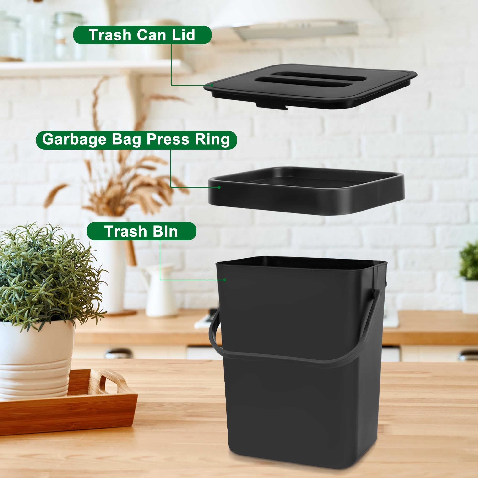 Secchio da Compost da Cucina Piccolo Bidone della Spazzatura Sospeso con Coperchio 3L Secchio di Rifiuti Organici per Cucina Nero