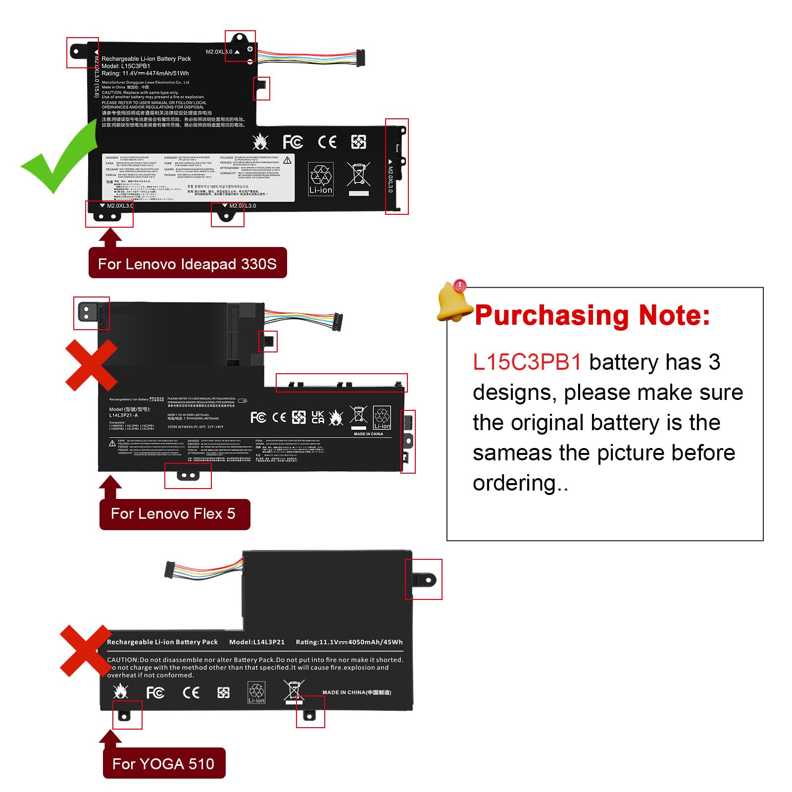ASUNCELL 11.4V/51Wh L15C3PB1 Batterie d'ordinateur Portable pour Lenovo IdeaPad 330S-14AST 330S-14IKB 330S-15ARR 330S-15AST 330S-15IKB GTX1050 Series, L15M3PB0 5B10Q39202 L15L3PB0