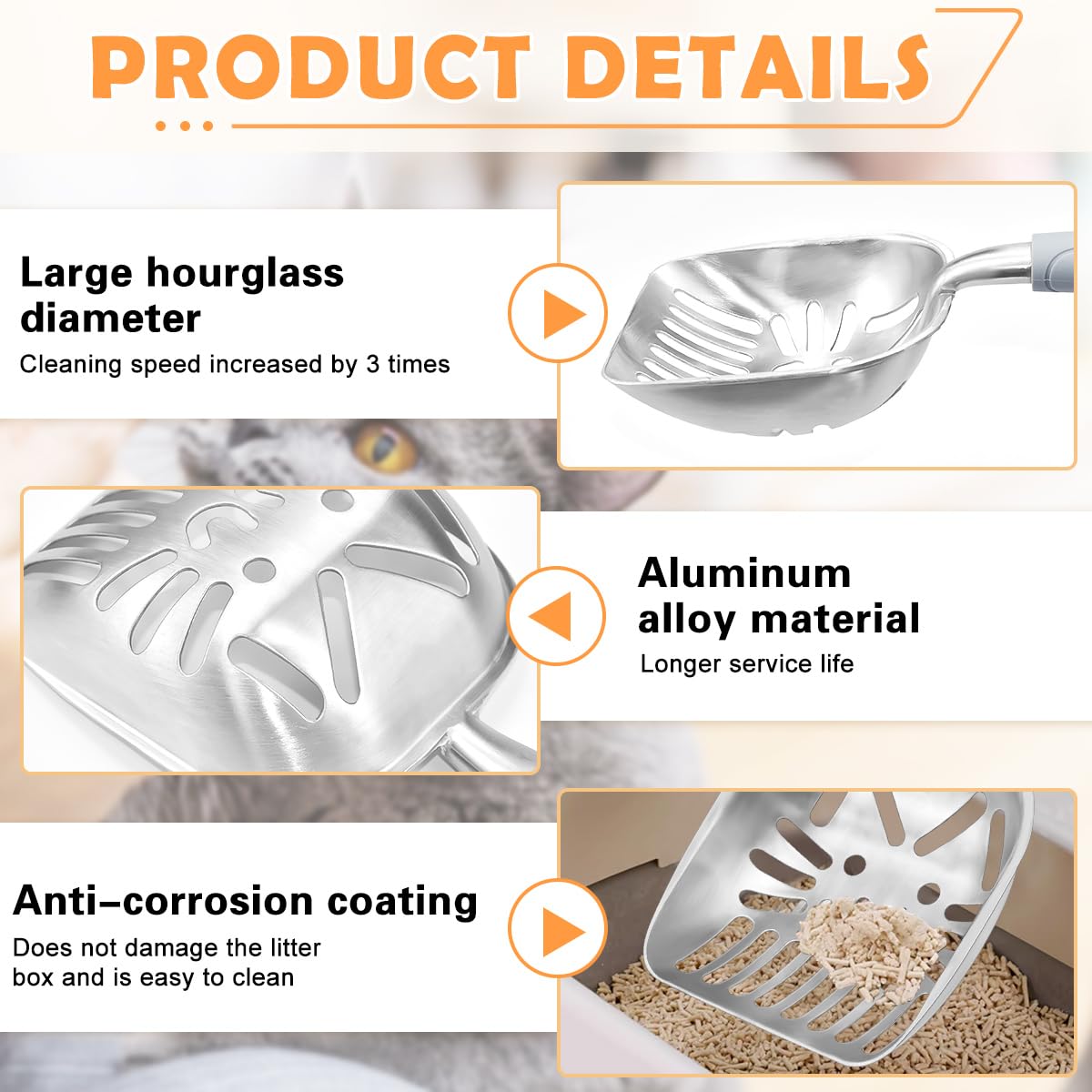 YBCCBY Metal Cat Litter Scoop Aluminum Cat Litter Shovel Non-Stick Cat Litter Sifter Reptile Sand Scoop Shovel Sifter with Ergonomic Long Handle and Large Holes Slot Durable and Easy To Clean Grey - Image 3