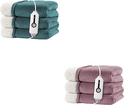 Electric Heated Blanket Throw Size 50X60 Twin Size 62x84&- Dual-Sided with Microplush & Sherpa Fabric, 4 Heat Settings, 3&10 Hours Auto Off, Machine Washable - Teal/Berry