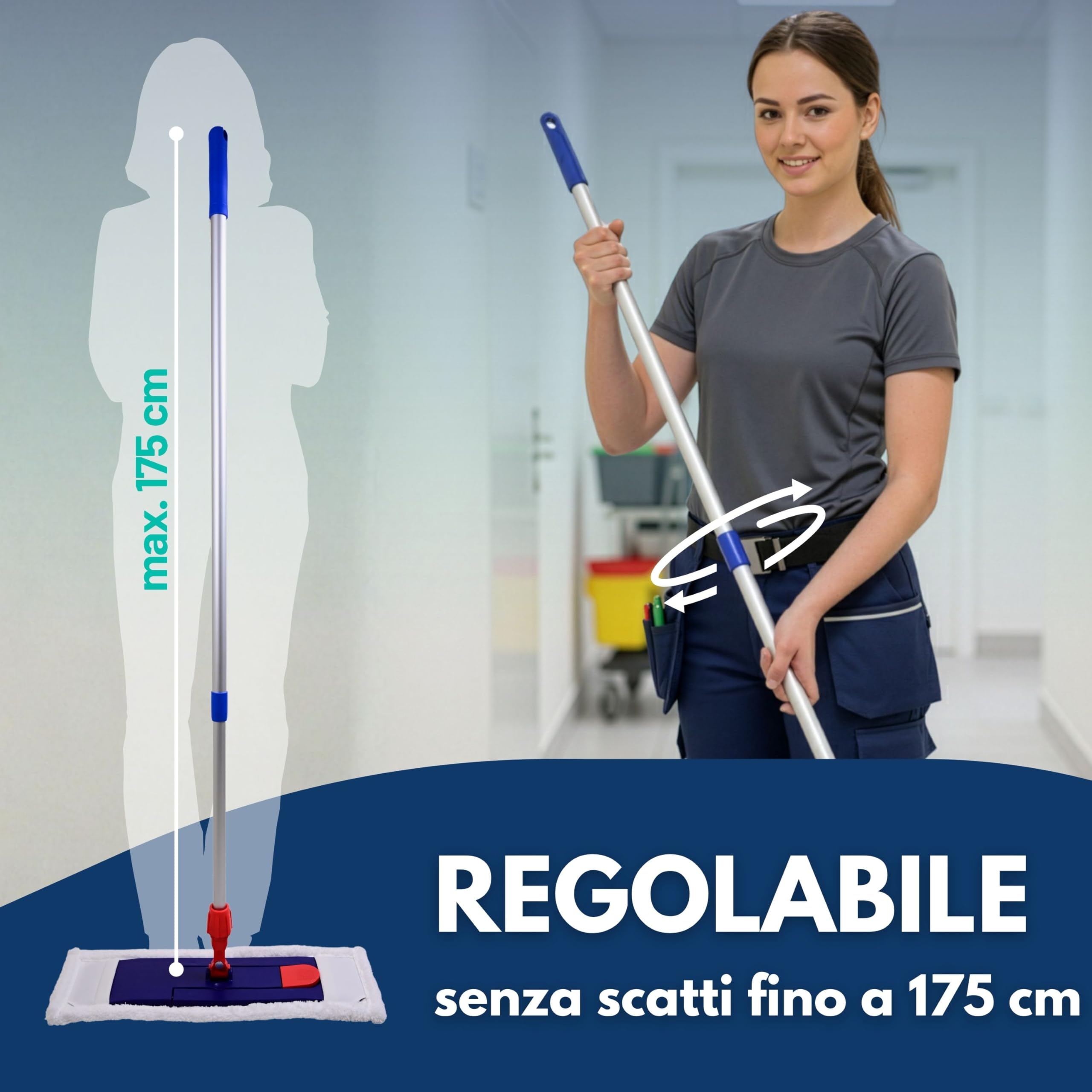 SONTY Set professionale Mocio 50 cm 2 pezzi – Lavapavimenti con supporto magnetico, panno microfibra 50 cm & manico telescopico in alluminio – Per uso professionale, ristorazione & pavimenti duri