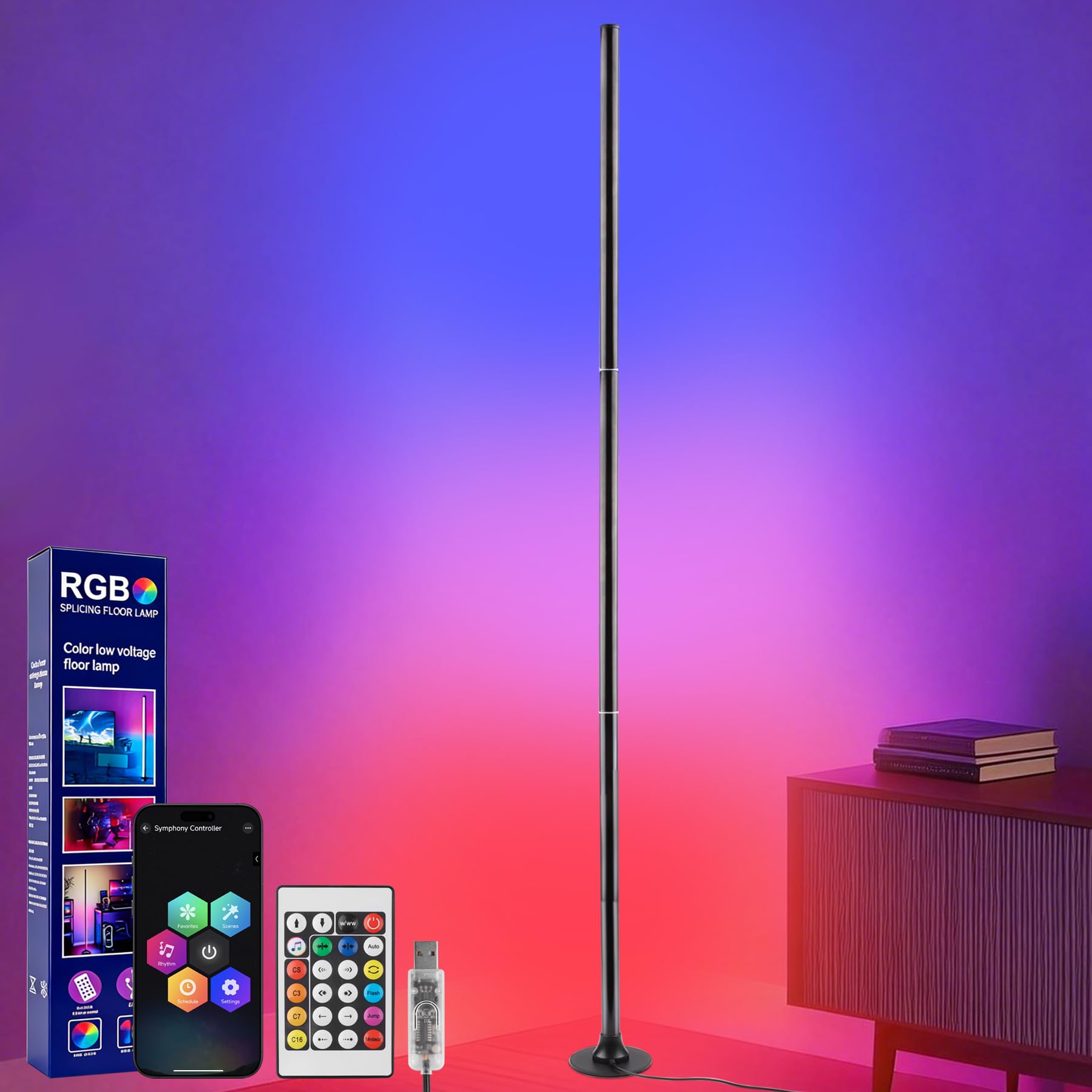 sylvwin - Lámpara de pie LED, lámpara de esquina LED RGB con control por aplicación y mando a distancia, sincronización musical, lámpara de pie RGB con mando a distancia, 16 millones de colores, sala