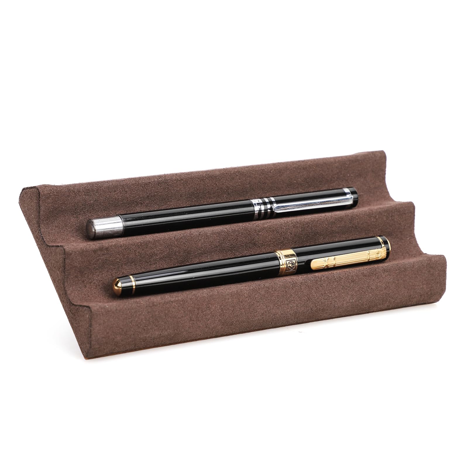 CONTACT'S FAMILY Leather Pen Holder Tray, Wave Slotted Pen Tray for 2 Pens, Leather Pen Organizer for Desk (Coffee)