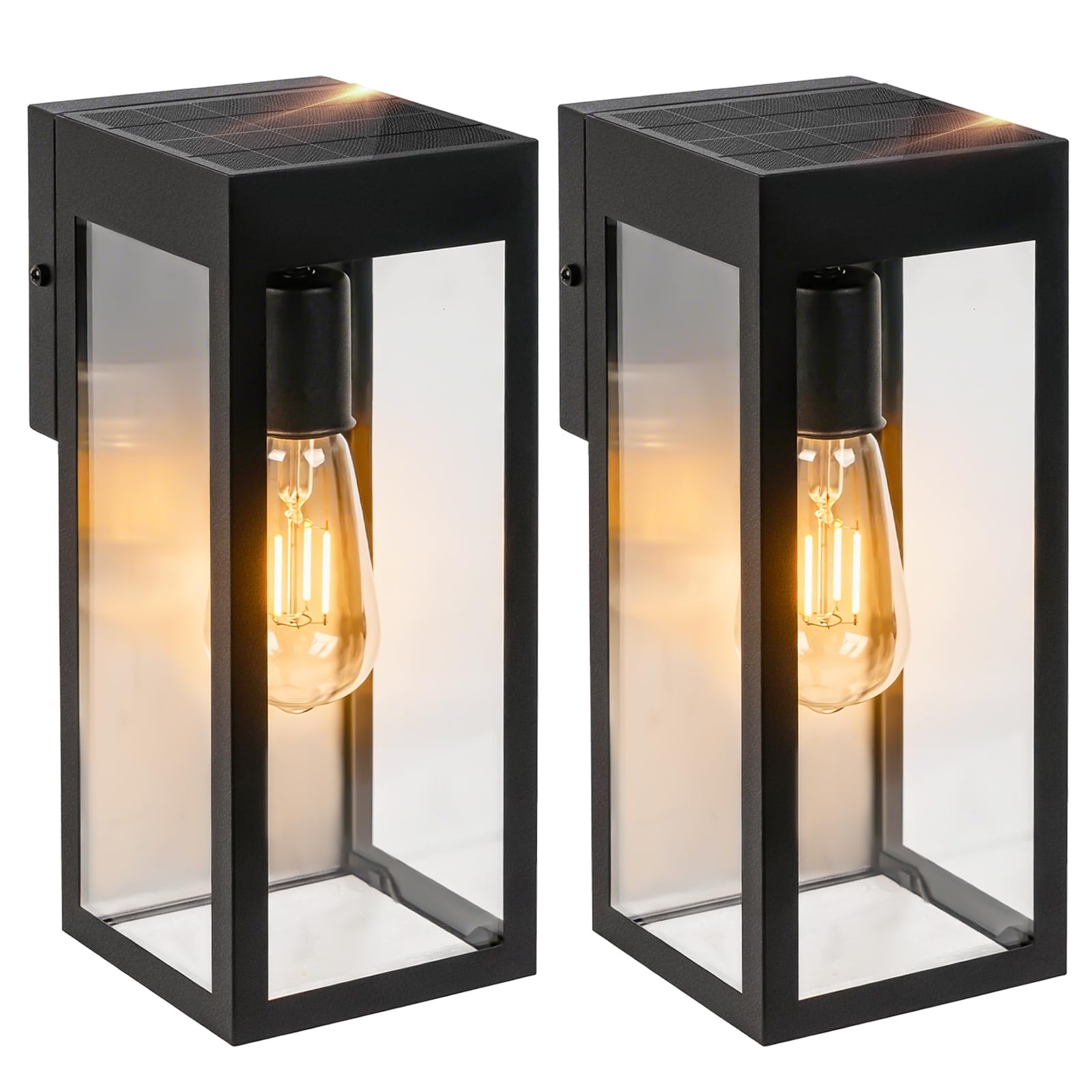 Photo 1 of 2-Pack Solar Wall Lights with Replaceable Bulb, Outdoor Solar-Powered Lantern with Dusk-to-Dawn Sensor, LED Sconce Metal Exterior for Front Porch, Security Lamps for Patio Fence Garage, Bulbs Included