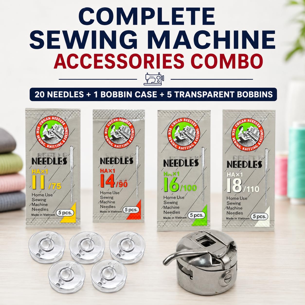 ZENITH Combo - HA 20 Needles Pack (Sizes 11, 14, 16, 18) + 1 Bobbin Case + 5 Transparent Plastic Bobbins | Compatible with Usha, Janome, Singer, Brother & Other Domestic Sewing Machines — Amazon image 2