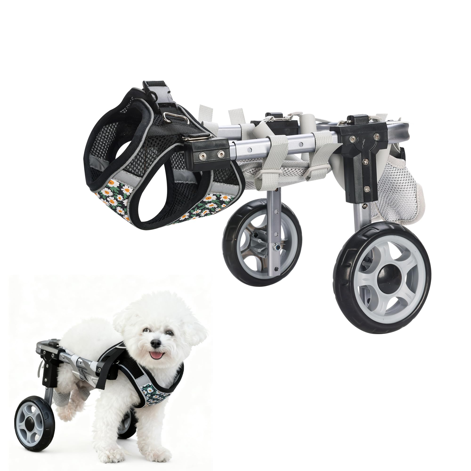 Sedia a rotelle per zampe posteriori, carrello regolabile per animali domestici, supporto per torace e cosce, adatto per cani di piccola taglia e media (due rotonde, L)