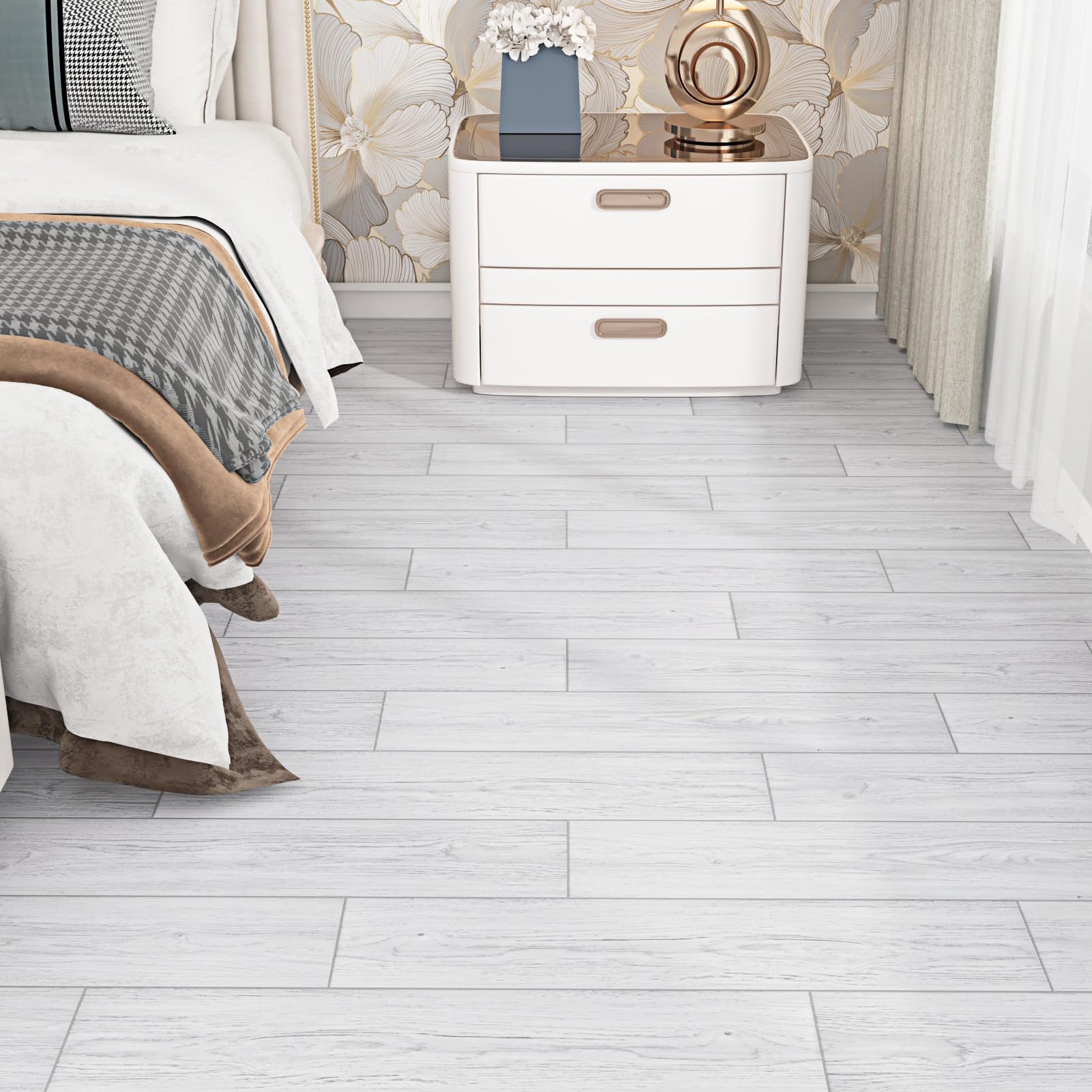 24 Pezzi Pavimento PVC Adesivo Effetto Legno Piastrelle Adesive Cucina Lavabili Grigio Bianco Parquet Linoleum 90cm x 15cm