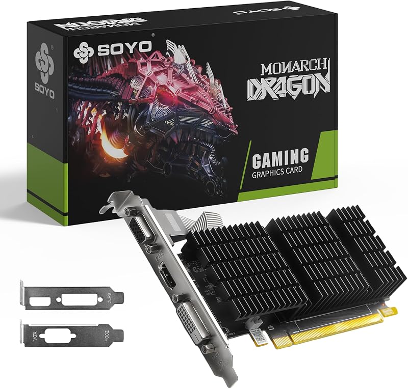 Tarjeta gráfica AMD Radeon R5 230 2GB DDR3 de perfil bajo, puerto VGA/DVI/HDMI | GPU PCIe x16 1.1 de 64 bits 160SP, tarjeta de vídeo SFF de media altura con refrigeración pasiva, compatible con Windows 10/8.1/7