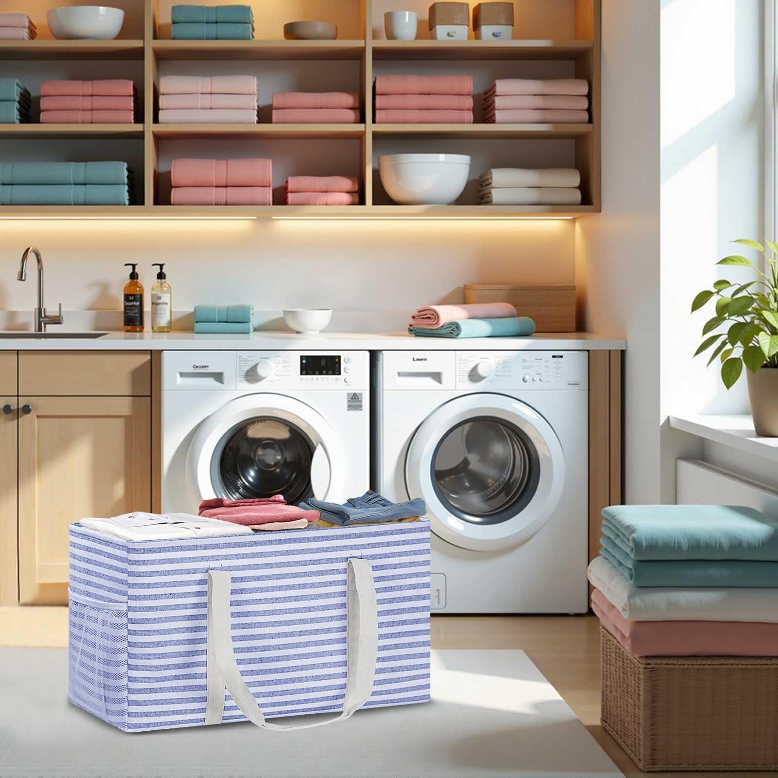 Panier à provisions pliable avec cadre en fil métallique et fond renforcé - Grand panier de transport avec poignée - Idéal pour le shopping, les pique-niques, la plage, le camping (bleu)