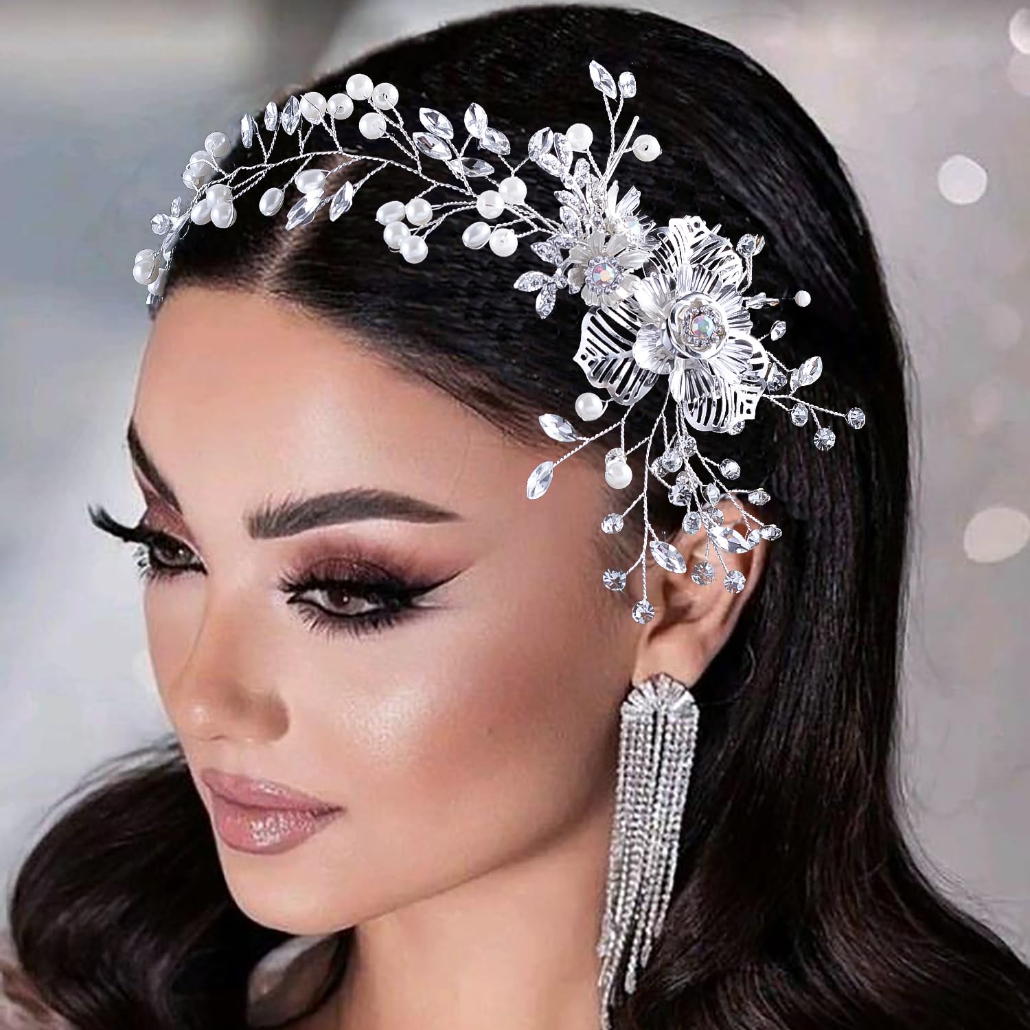 Braut-Haarkamm, Hochzeitshaarteile für Bräute, Perlen-Blumenranke, Braut-Kopfschmuck, Kristall-Haarschmuck für Brautjungfer, Silber, 1