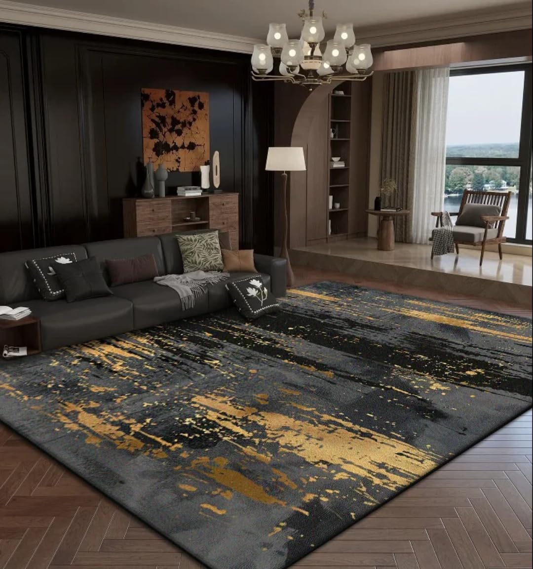 Tapis de salon grand format abstrait décoration dorée doux