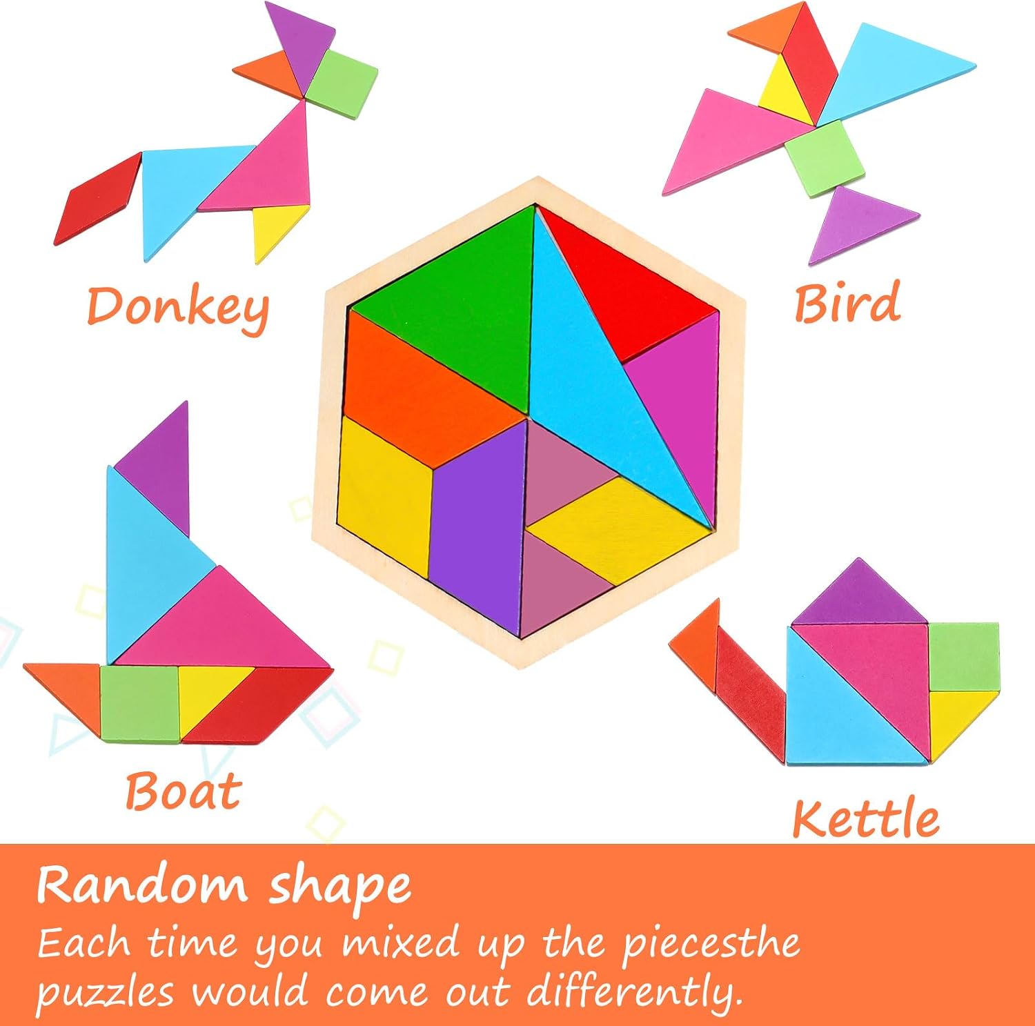 Meooeck 12 Pack Tangrams Wooden Puzzles Tangrams Set f Shape Puzzles Brain Logic Blocks for Games Educational Gifts for Adults Students(Hexagon Style)