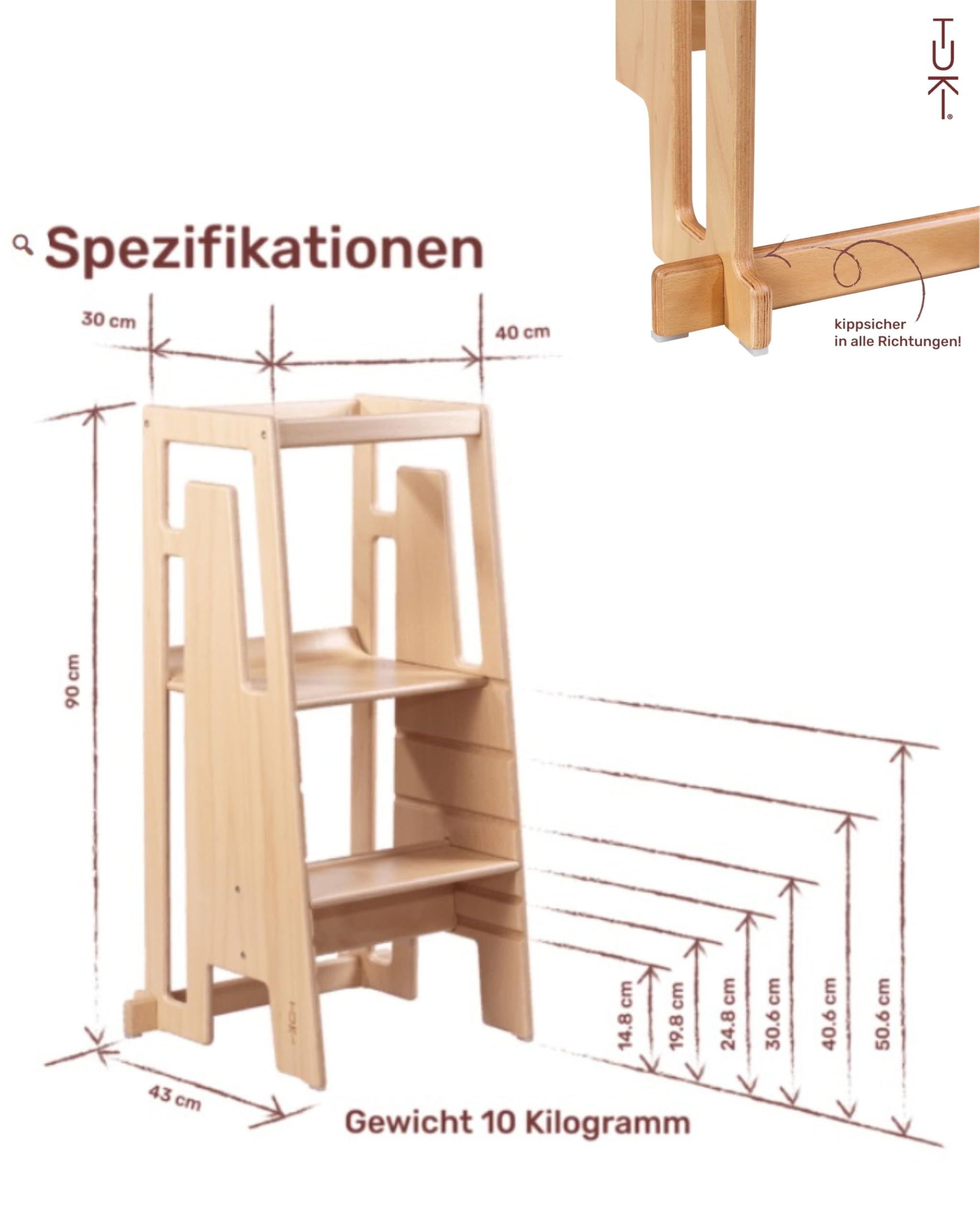 Tuki Lernturm ab 1 Jahr für Kinder Nature | Höhenverstellbar, hohe Standsicherheit, ergonomisches Design | Langlebiger Montessori Learning Tower hilft bei Motorik & Lernen