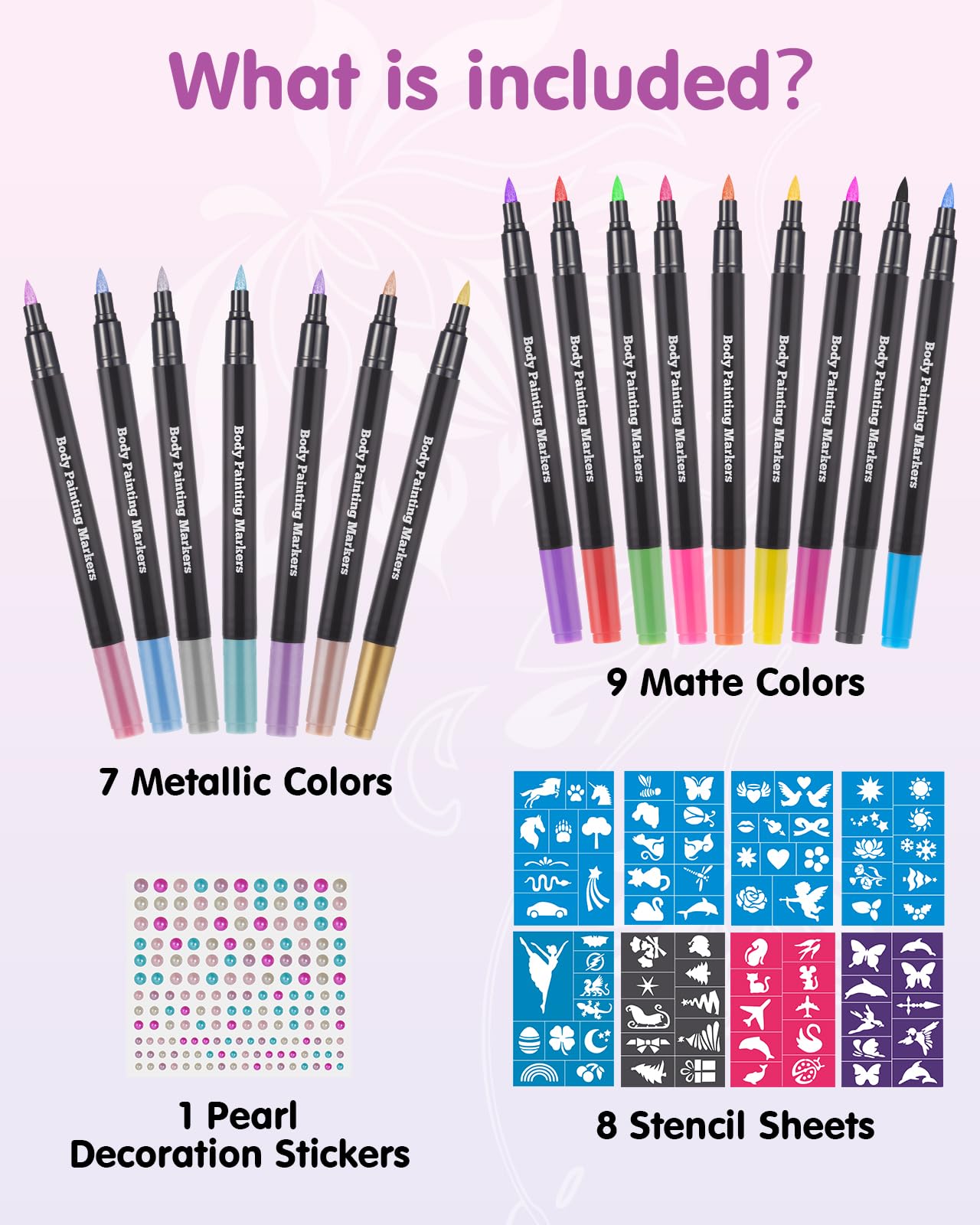 Lictin Temporary Tattoo Markers for Skin 16 Colors Dual-End Skin Tattoo Pens with 80 Tattoo Stencils - Image 2
