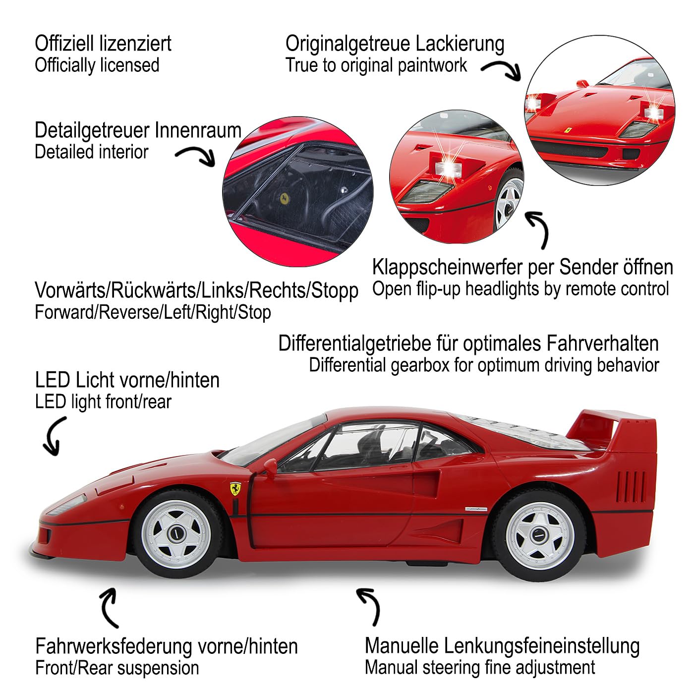JAMARA 405166 Ferrari F40 1:14 27 MHz oficjalnie licencjonowana, 1 godzina czasu jazdy ok. 11 km/h, światło LED, idealnie odwzorowane szczegóły, szczegółowe wnętrze, wysoka jakość wykonania, czerwony