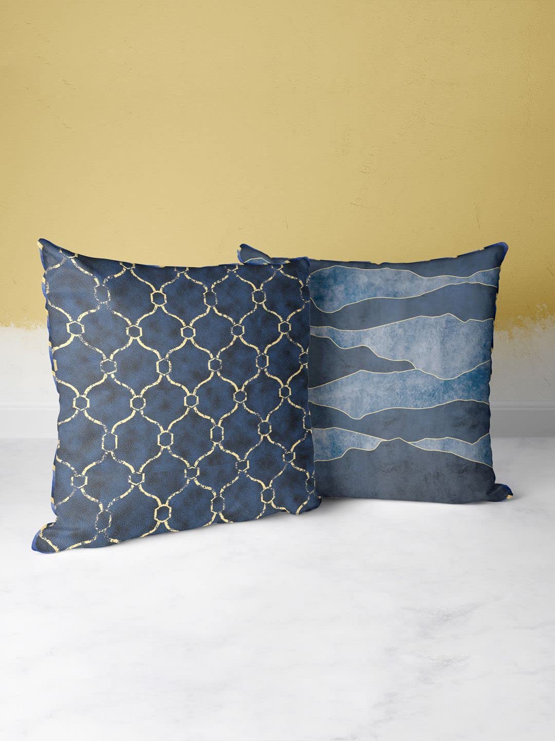 BIANCA Designer Reversible Printed Silk Linen Cushion Covers -2pc 16 X16 Set (Suzane) | with Contrast Front & Back Digital Print | Hidden Zipper Floral-Geometric-Navy/Gold