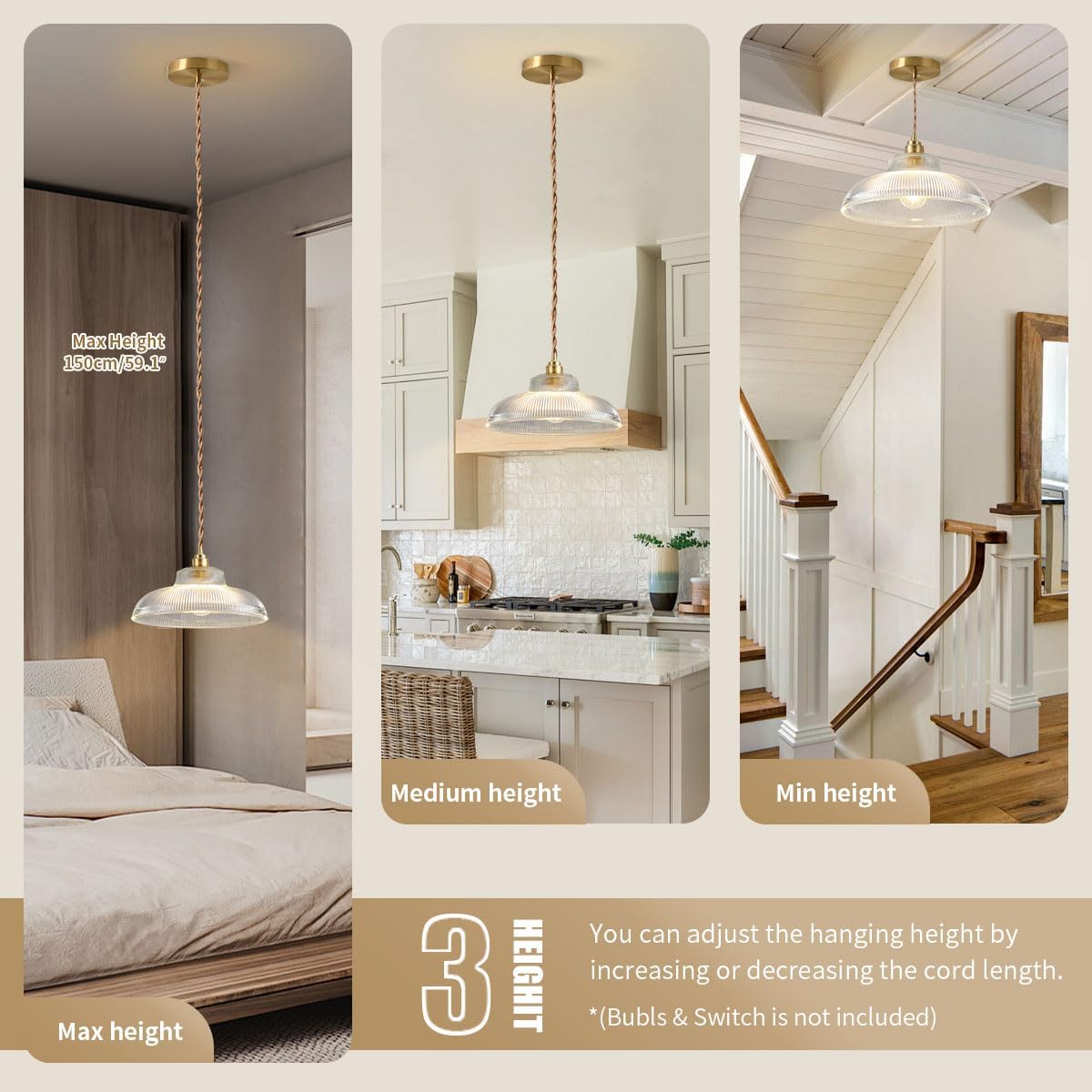 Small Glass Pendant Light Fixtures One-Light Gold Brass Dining Room Decor mid Century Modern Hanging Pendant Lamp Clear Dome Shade Striped Light Fixture for Kitchen Island