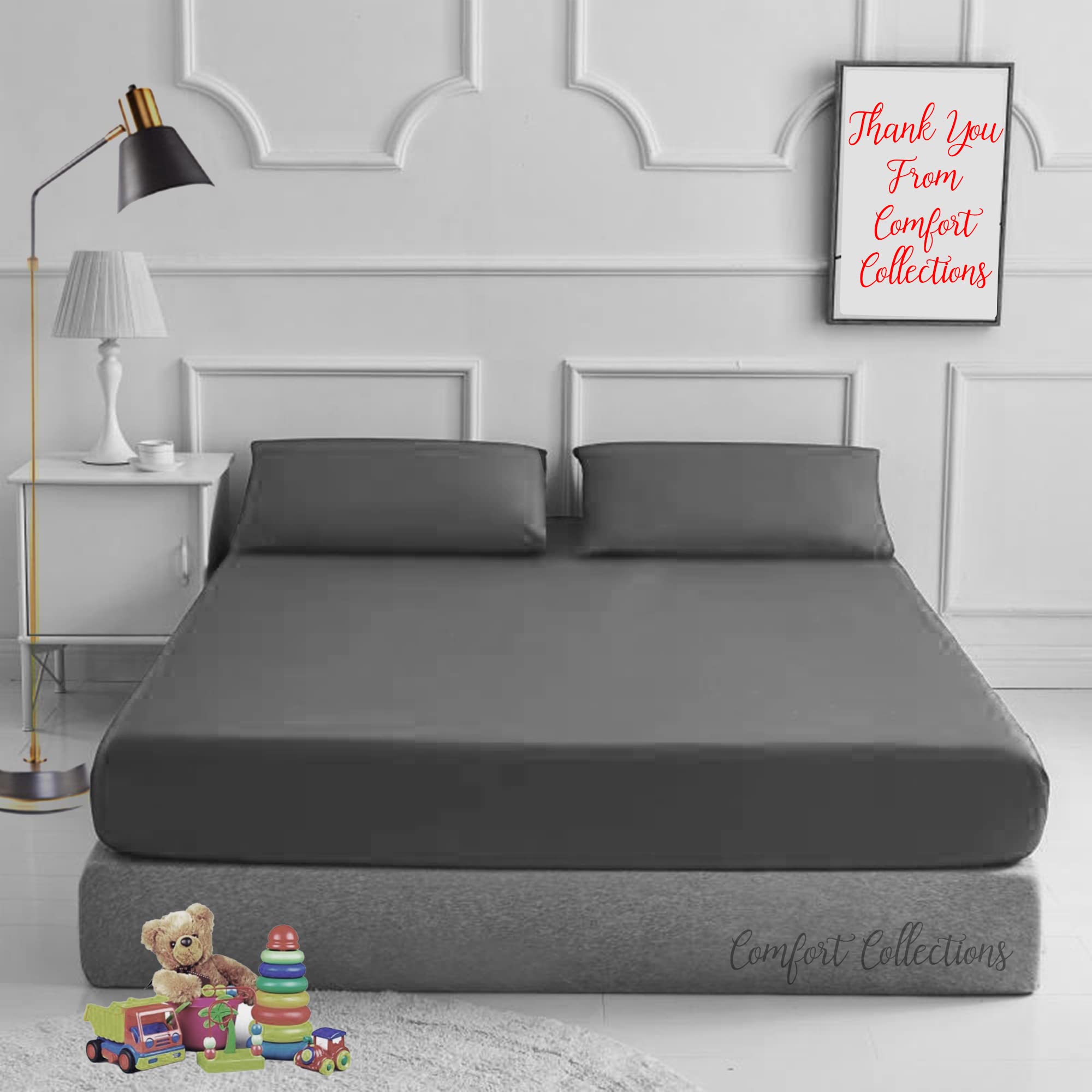 Comfort Collections Plain Dyed Easy Care Poly Cotton Flat and Fitted Sheet Set with Pillow Case Bedding Set (Grey, Single)