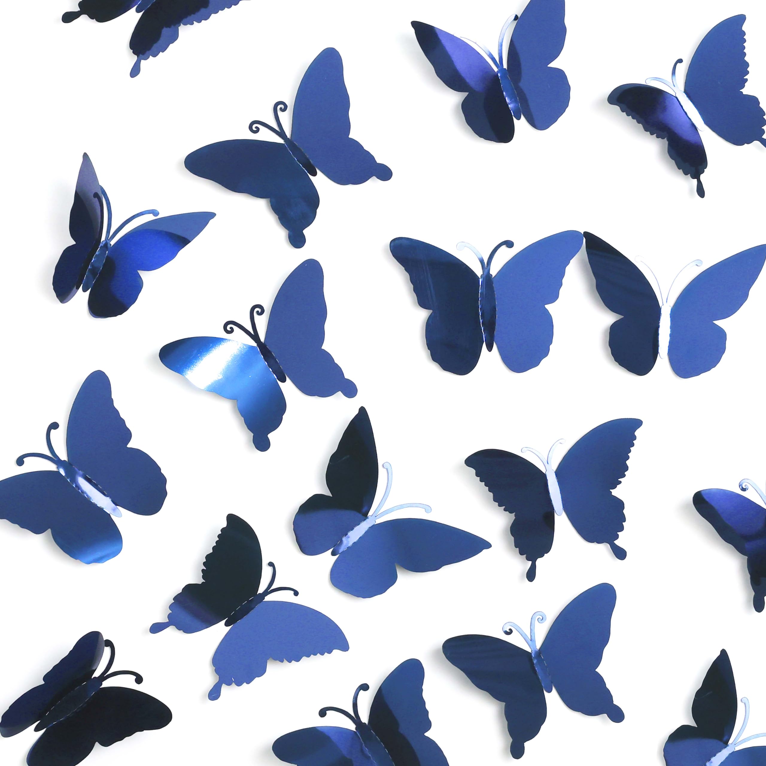 3D Mirror Metallic Butterfly Wall Decor, Dark Blue, 48Pcs 4 Styles 3 Sizes, Removable Stickers Wall Decor Room Mural for Party Cake Decoration Kids Bedroom Nursery Classroom Wedding Decor