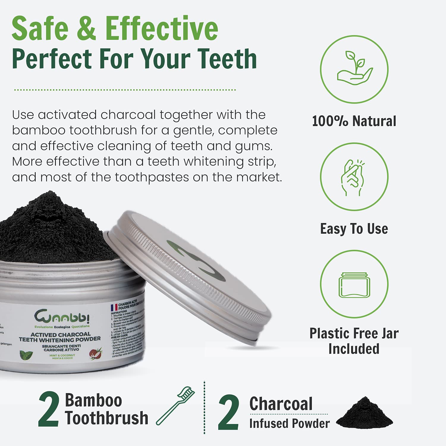 Carbone Attivo Sbiancante Denti Professionale 100g Dentifricio Carbone Vegetale Sbiancamento Pulizia Denti Polvere Sbiancante Teeth Whitening 2 Spazzolino Bamboo