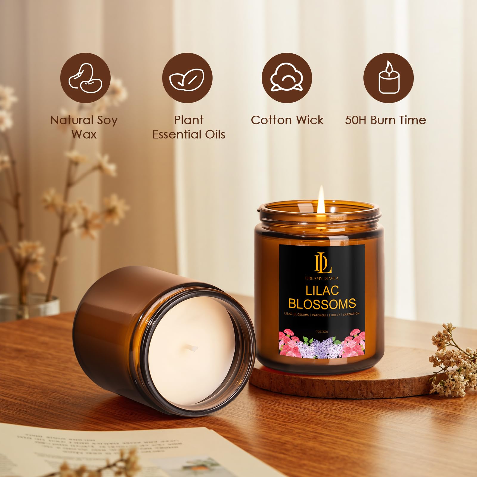 Velas de flor de lila, vela perfumada de flor de lila, regalo para el día de la madre, velas de soja para el hogar, 7 onzas, 50 horas de combustión, decoración del hogar
