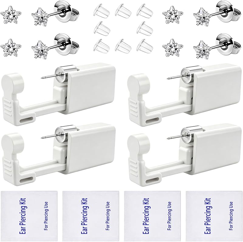 SLVIEKAE Kit descartável para perfuração de orelha com pistola e brincos de zircônia cúbica, Pacote com 4