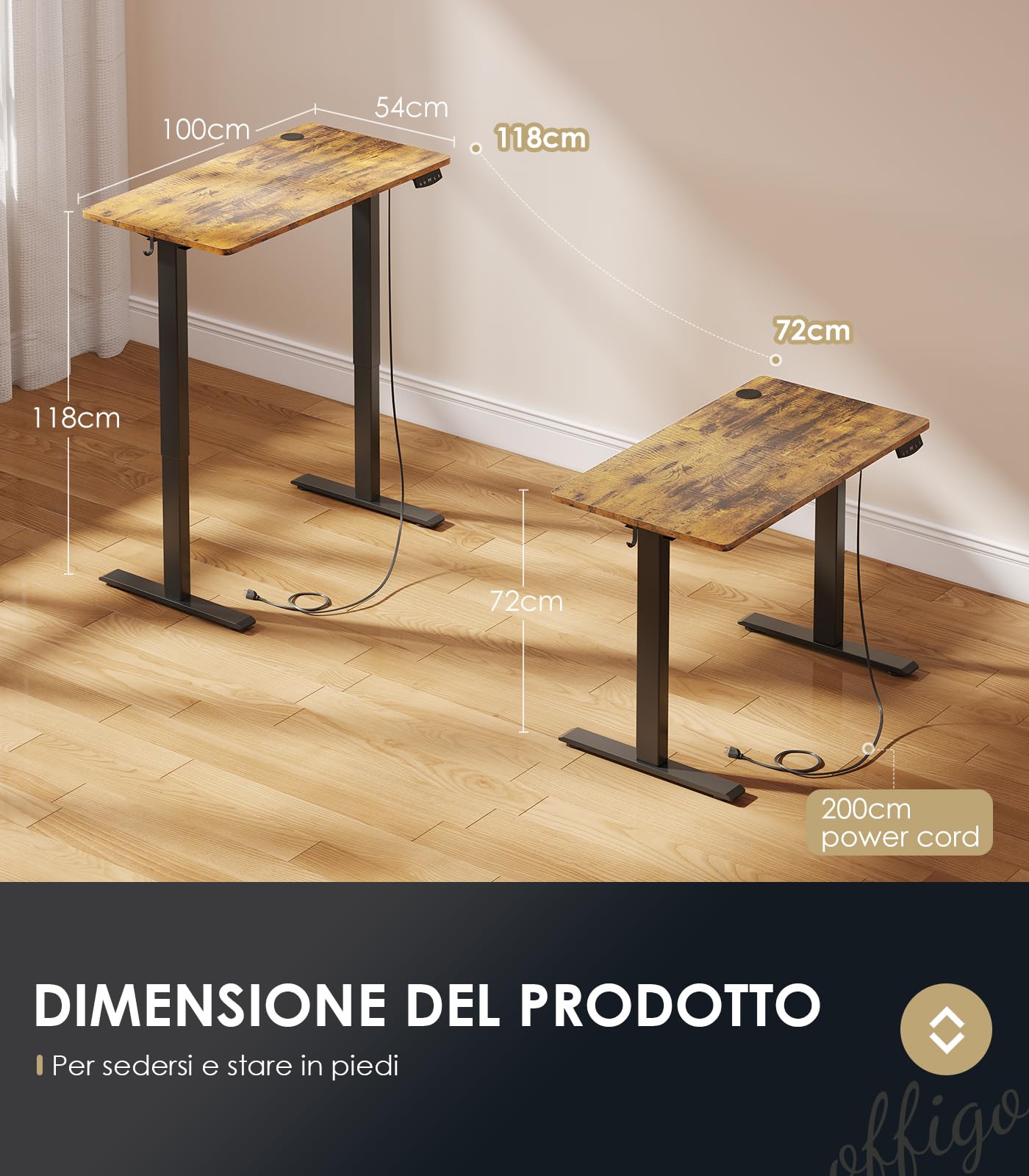 OffiGo Scrivania Regolabile in Altezza, 100 cm Scrivania Elettrica, Scrivania Ergonomica con Funzione di Memoria, Standing Desk, Modern Scrivania Computer per Casa e Ufficio, Marrone
