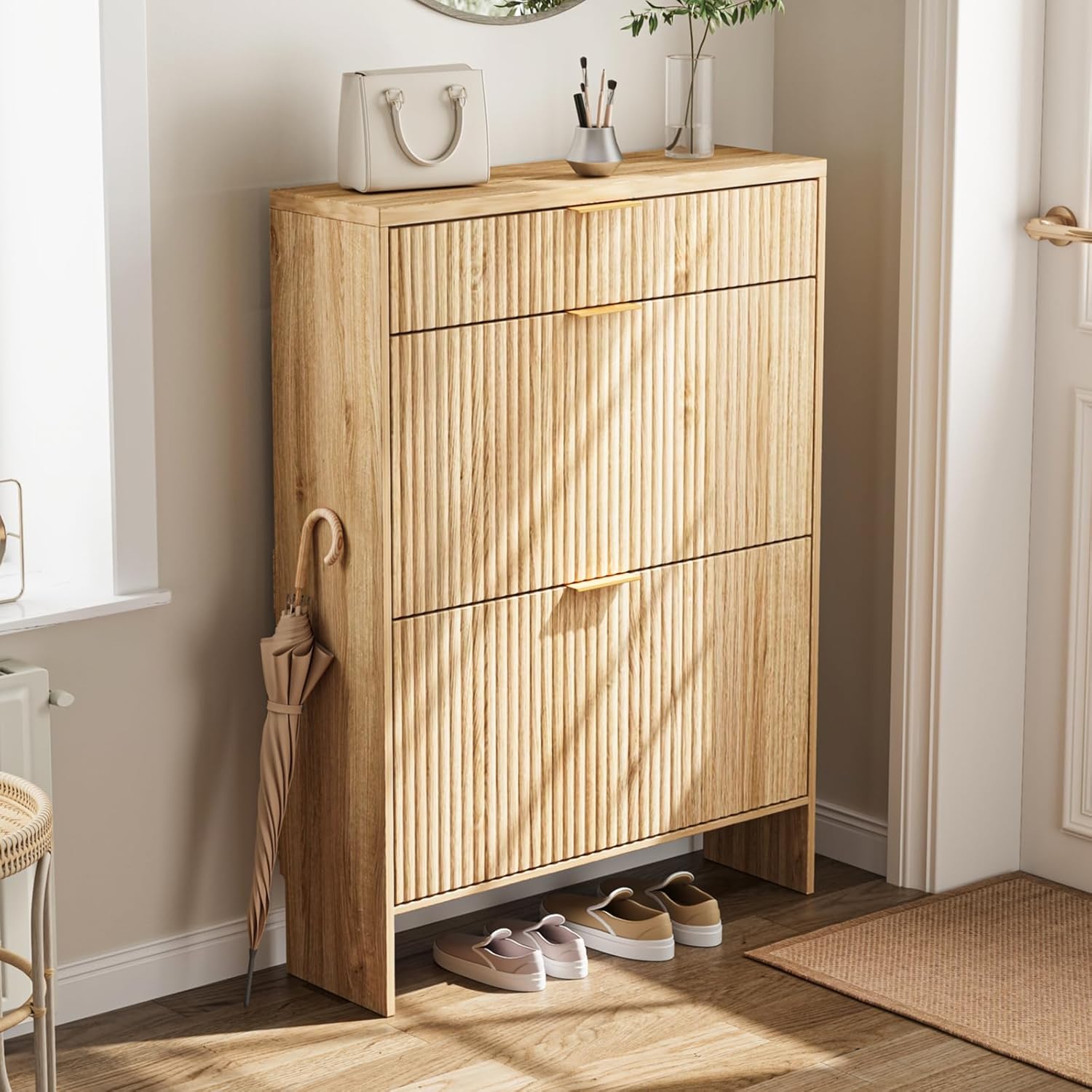 Fluted Shoe Cabinet Storage with 2 Flip Drawers & 1 Drawers, Wood Narrow Hidden Shoe Cabinet with Adjustable Shelf for Entryway, Freestanding Slim Shoe Rack Organizer for Foyer Hallway Living Room