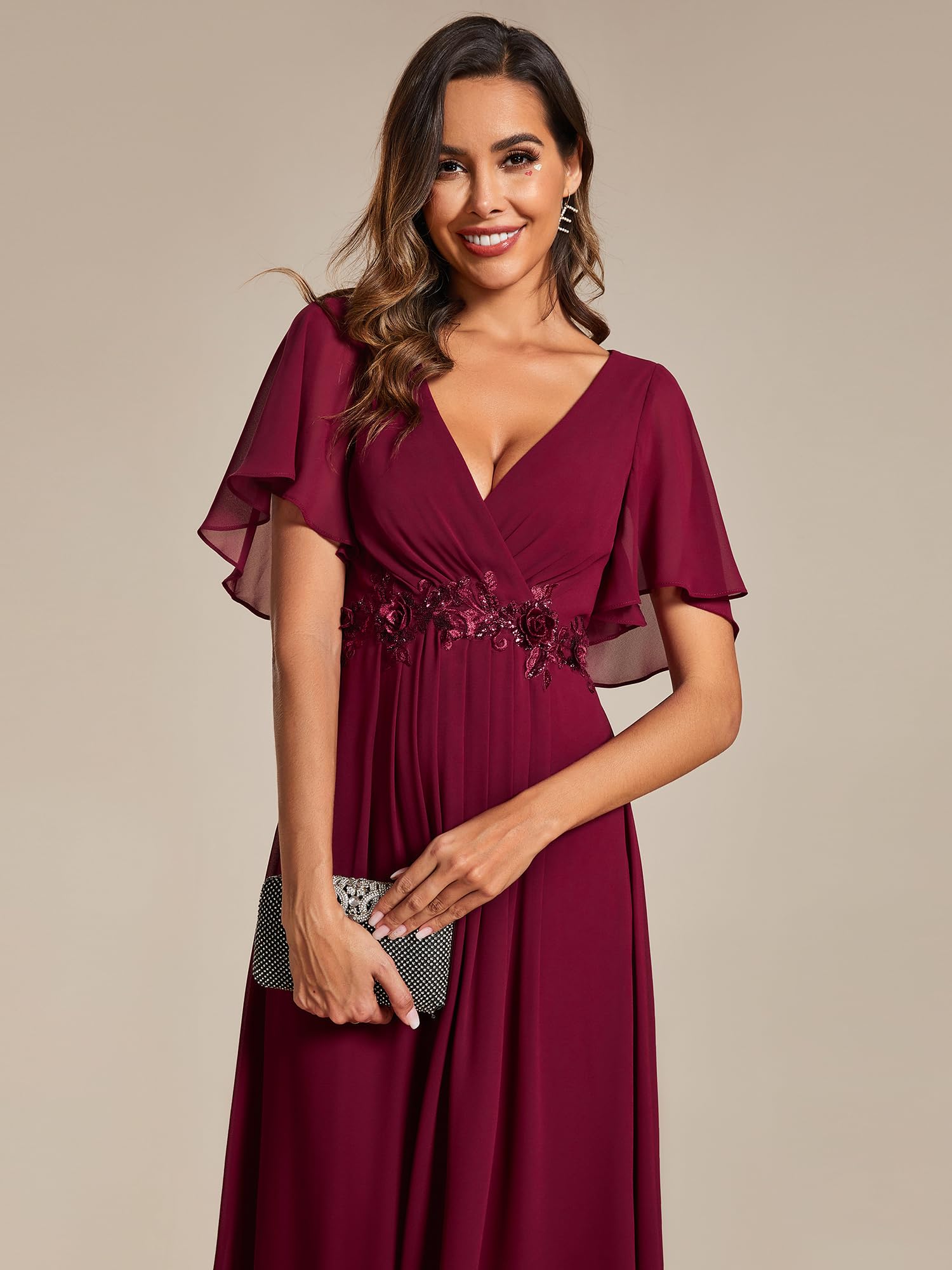 Ever-Pretty Abito da Ospite di Nozze Donna Applique Maniche a Volant Collo a V Stile Impero Chiffon EG02093
