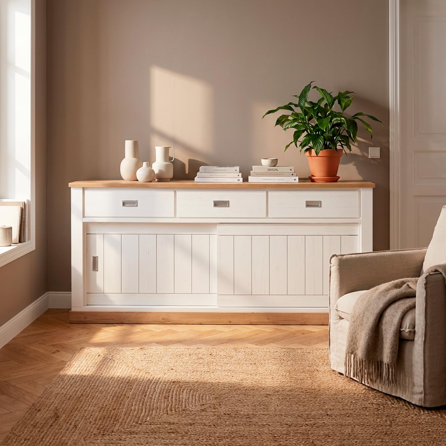 Arreditaly Credenza Soggiorno 3 Cassetti 2 Ante Scorrevoli 4 Ripiani Interni Mobile Buffet Madia Dispensa Cucina Zona Living Design Classico Moderno 220 x 50 x 95 Cm (Bianco e Rovere)