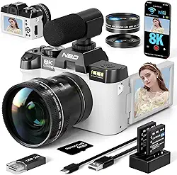 Câmeras digitais 8K para fotografia 64MP - foco automático com zoom de 16X, WiFi, tela flip de 180° com lente grande-angular e macro, câmera de vlogging para viagens no YouTube com cartão TF de 64 GB