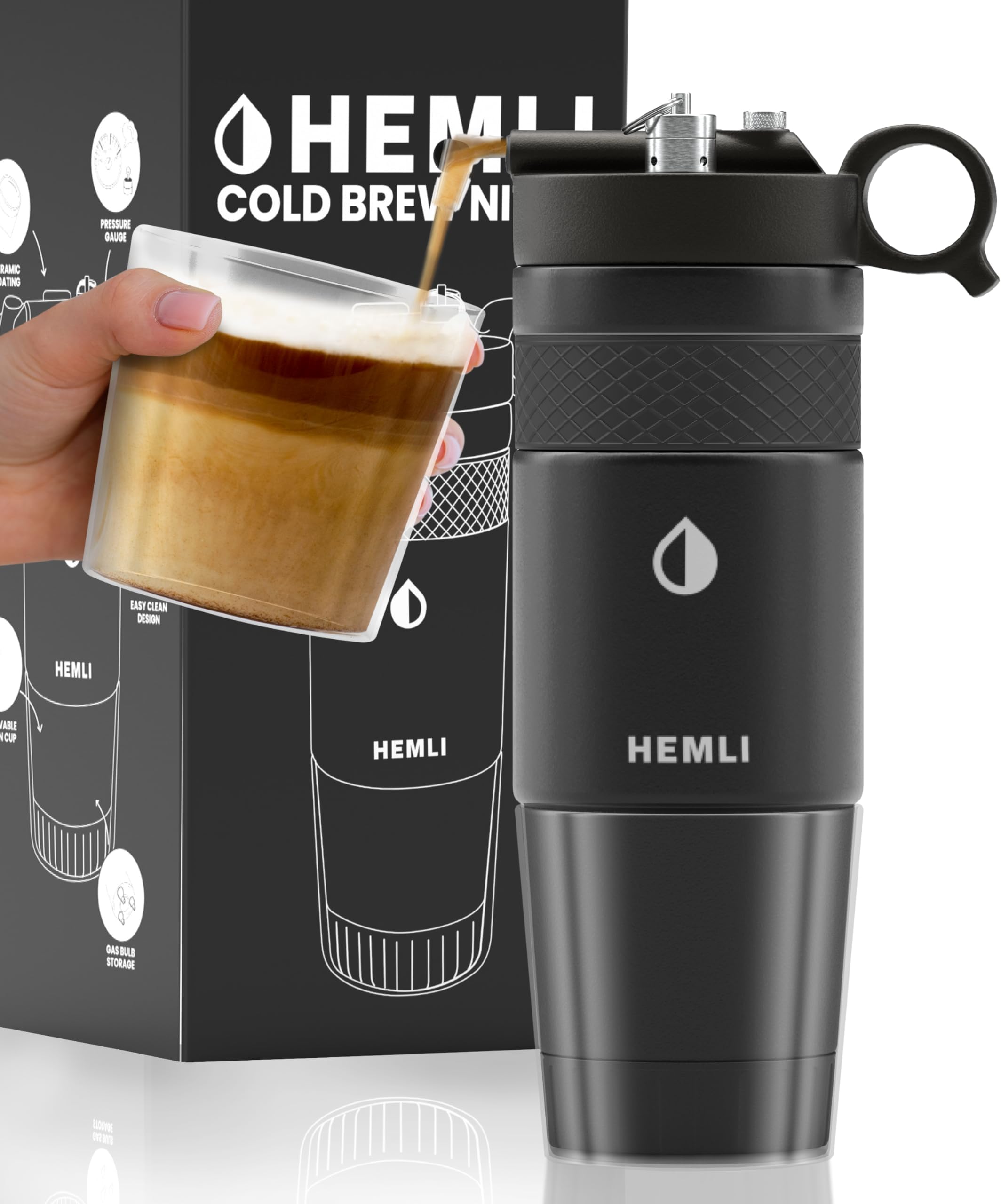 Nitro Cold Brew Coffee Maker 12 oz Ceramic-Lined, Tritan Cup, Pressure Gauge, Stores 3 Nitrogen Gas Bulbs Custom Designed for Cold Brew and Nitro Drinks