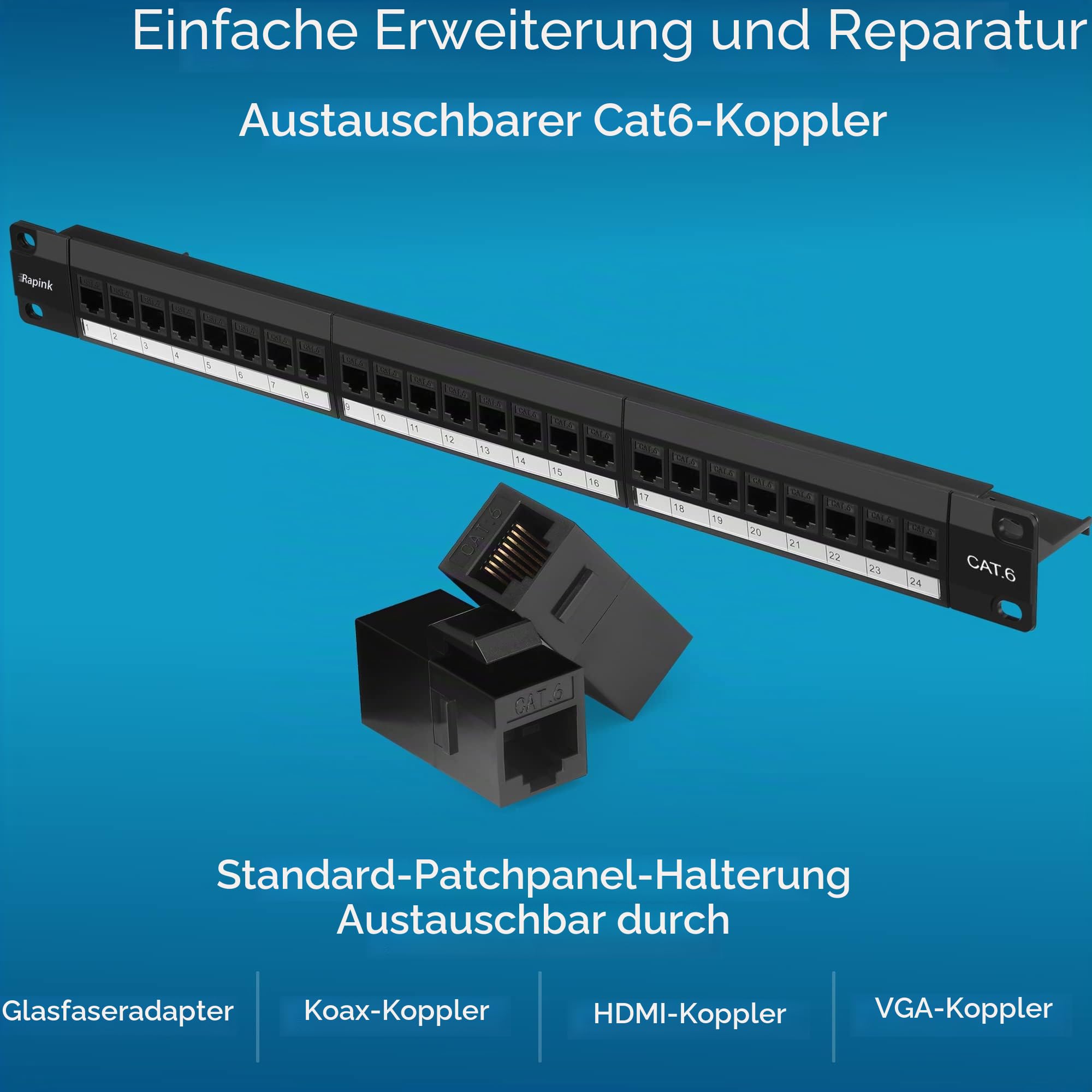 Rapink 24-Port-Cat6-Patchpanel mit Inline-Keystones, 10G Unterstützung, Pass-Through-Kuppler, UTP 19-Zoll-Patchpanel mit abnehmbarem Rückbügel, 1U-Netzwerkpanel für Cat6-, Cat5e- und Cat5-Kabel