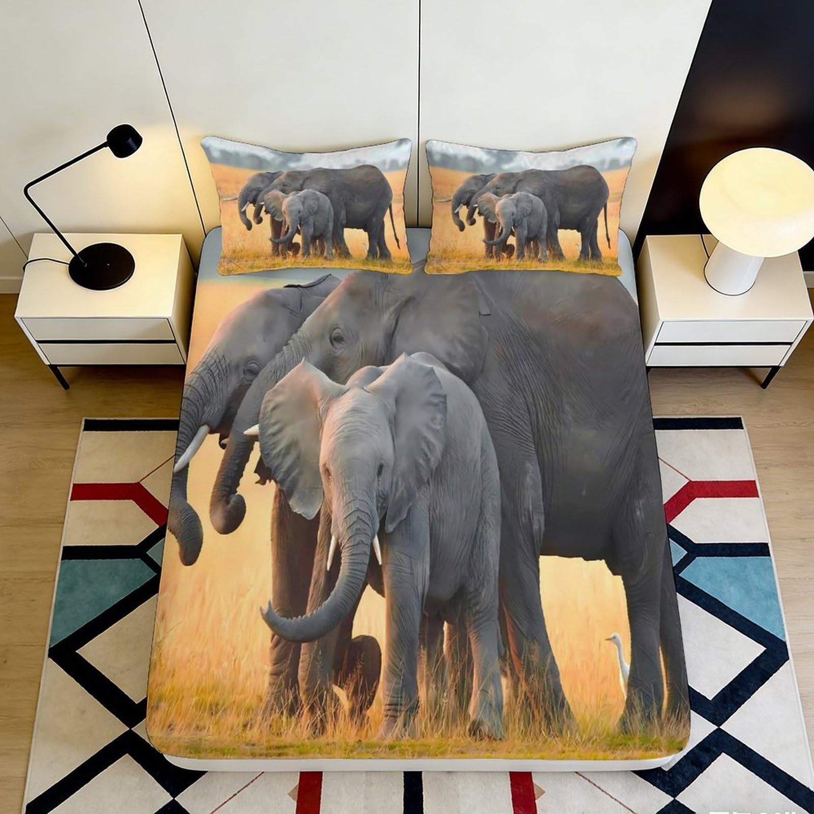 Pnayamiorkfel Style-10 3D Printed Elephant Family Fitted Sheet Microfiber Soft Touch Savannah Wildlife Mattress Cover For Bedroom Guest Room Decor 90X200x25cm